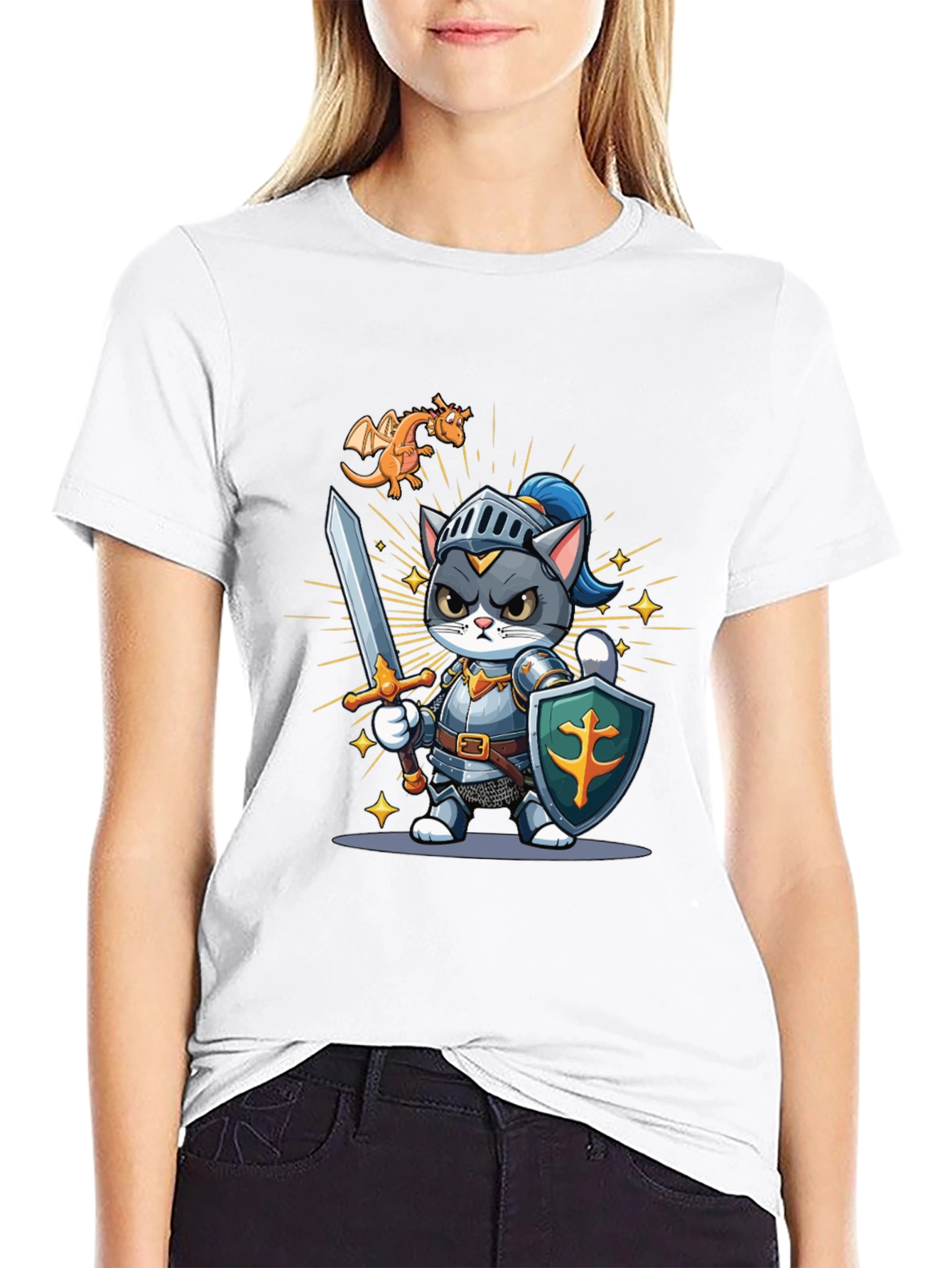 Cat Knight T-Shirt: Cartoon Medieval Warrior Tee