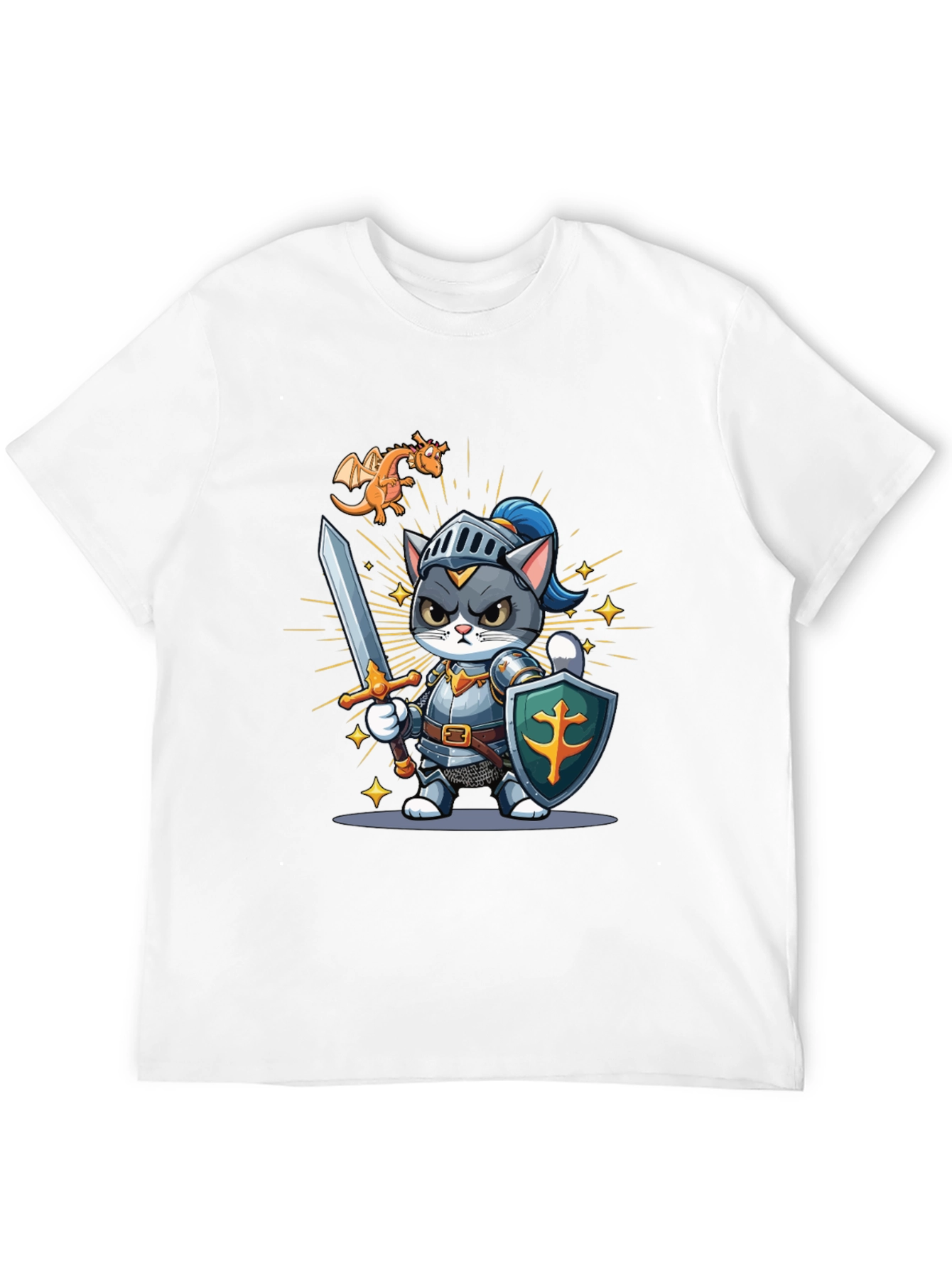 Cat Knight T-Shirt: Cartoon Medieval Warrior Tee