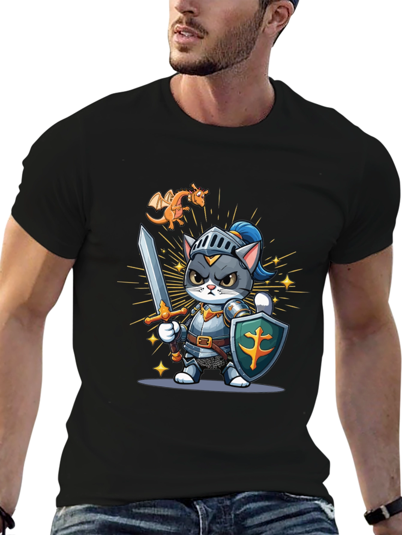 Cat Knight T-Shirt: Cartoon Medieval Warrior Tee