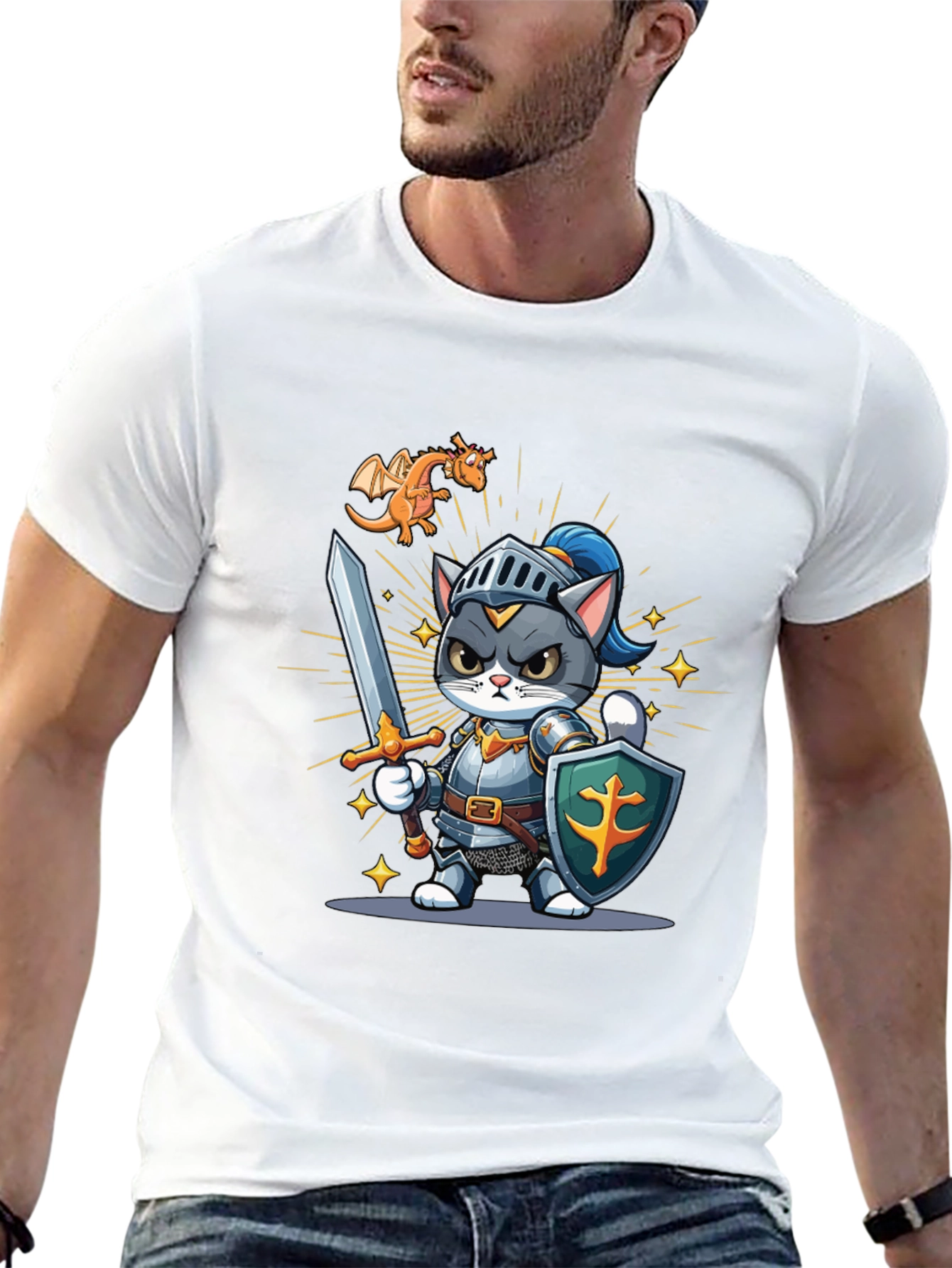 Cat Knight T-Shirt: Cartoon Medieval Warrior Tee