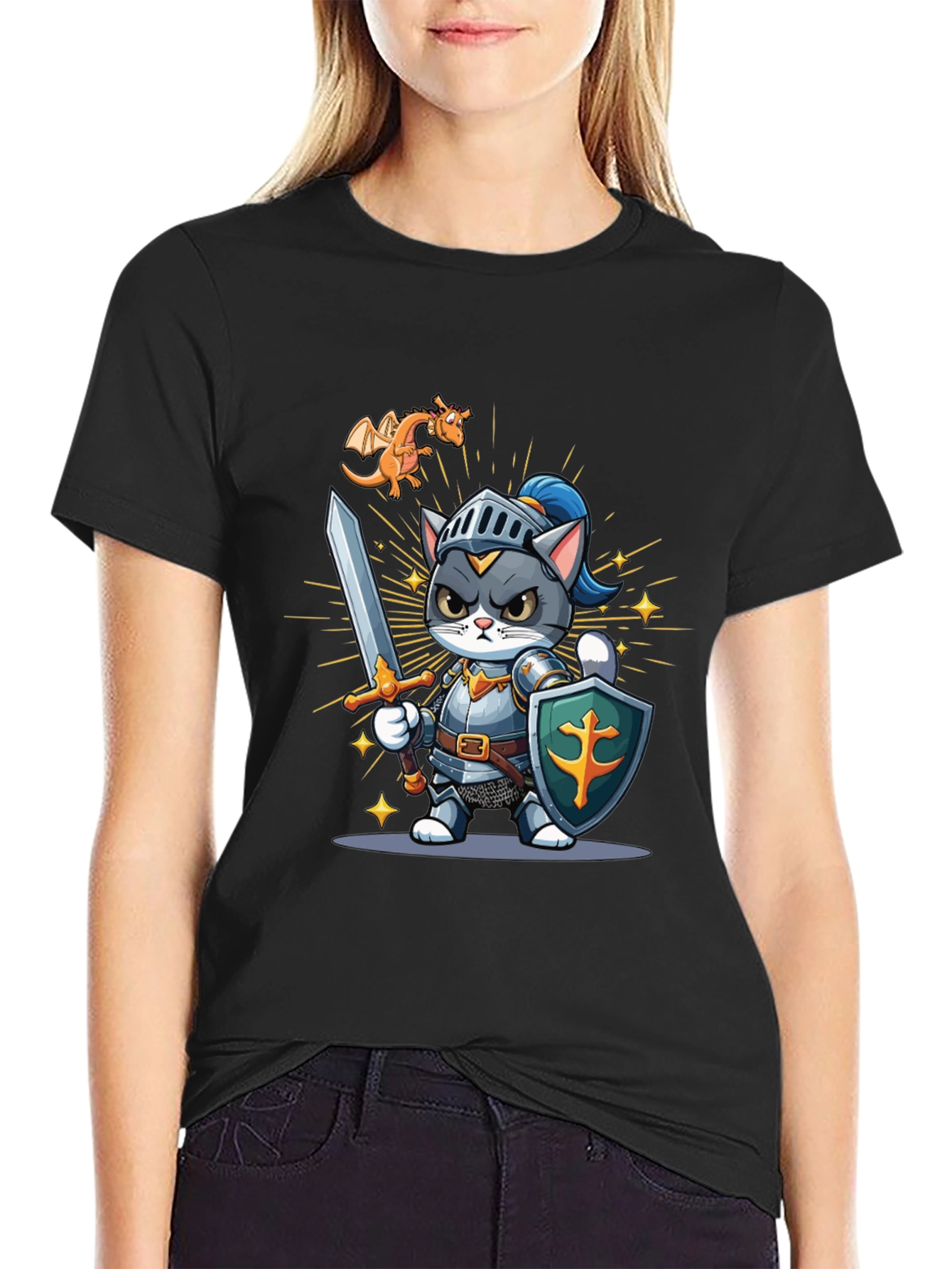 Cat Knight T-Shirt: Cartoon Medieval Warrior Tee
