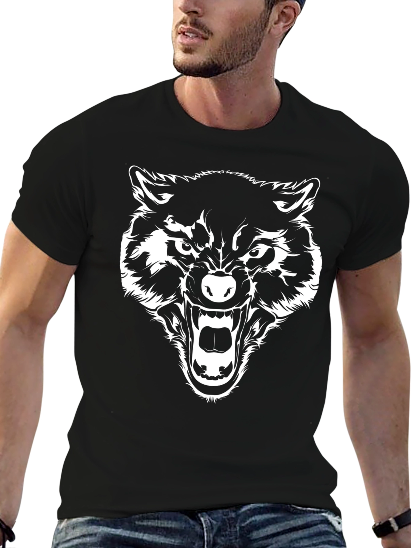 Mens Black T-Shirt with Wolf Graphic