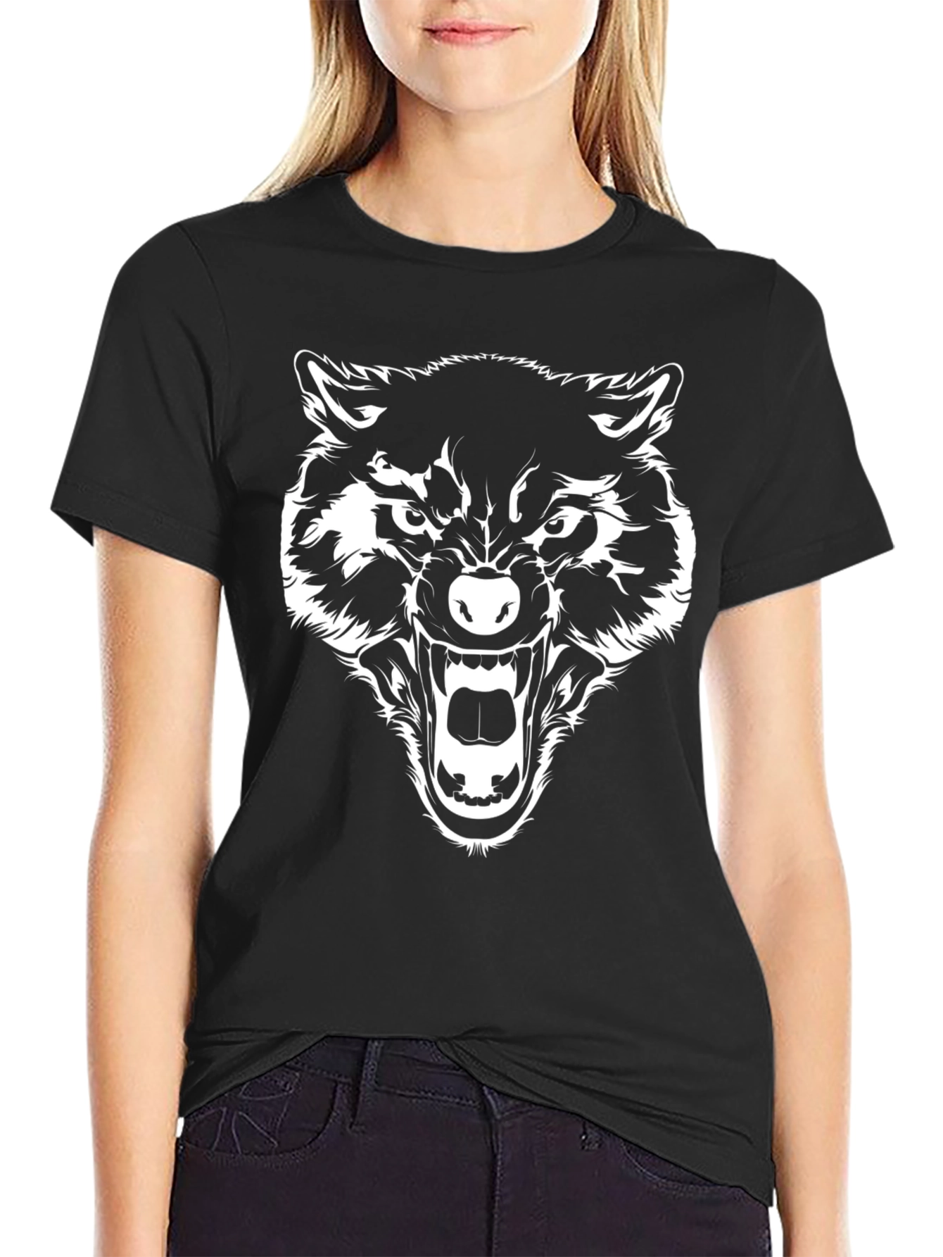 Mens Black T-Shirt with Wolf Graphic