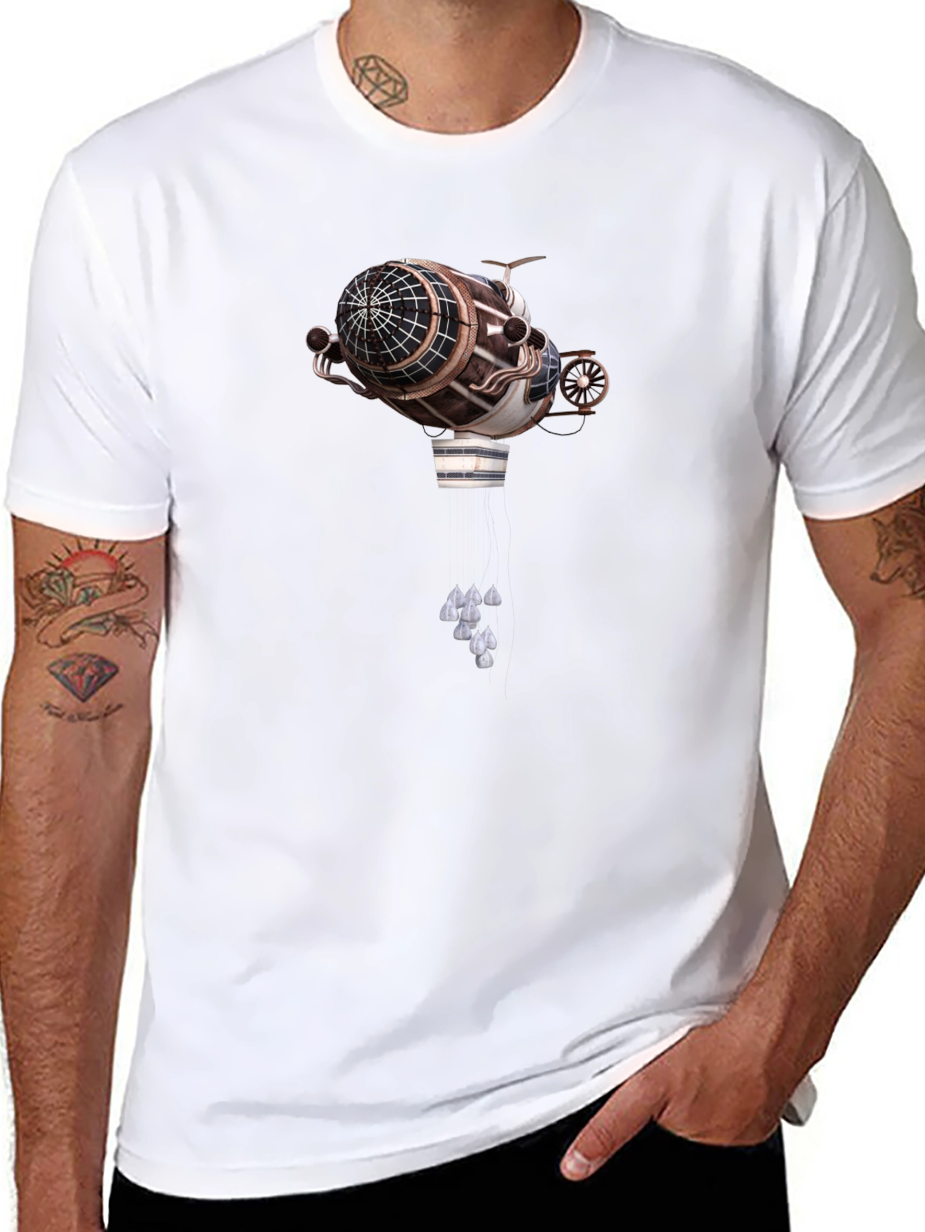 Steampunk Airship Graphic Tee - Black Cotton T-Shirt