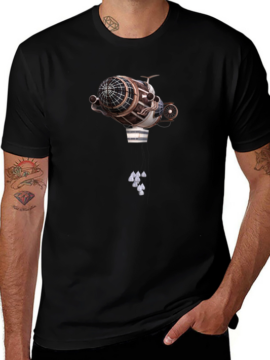Steampunk Airship Graphic Tee - Black Cotton T-Shirt