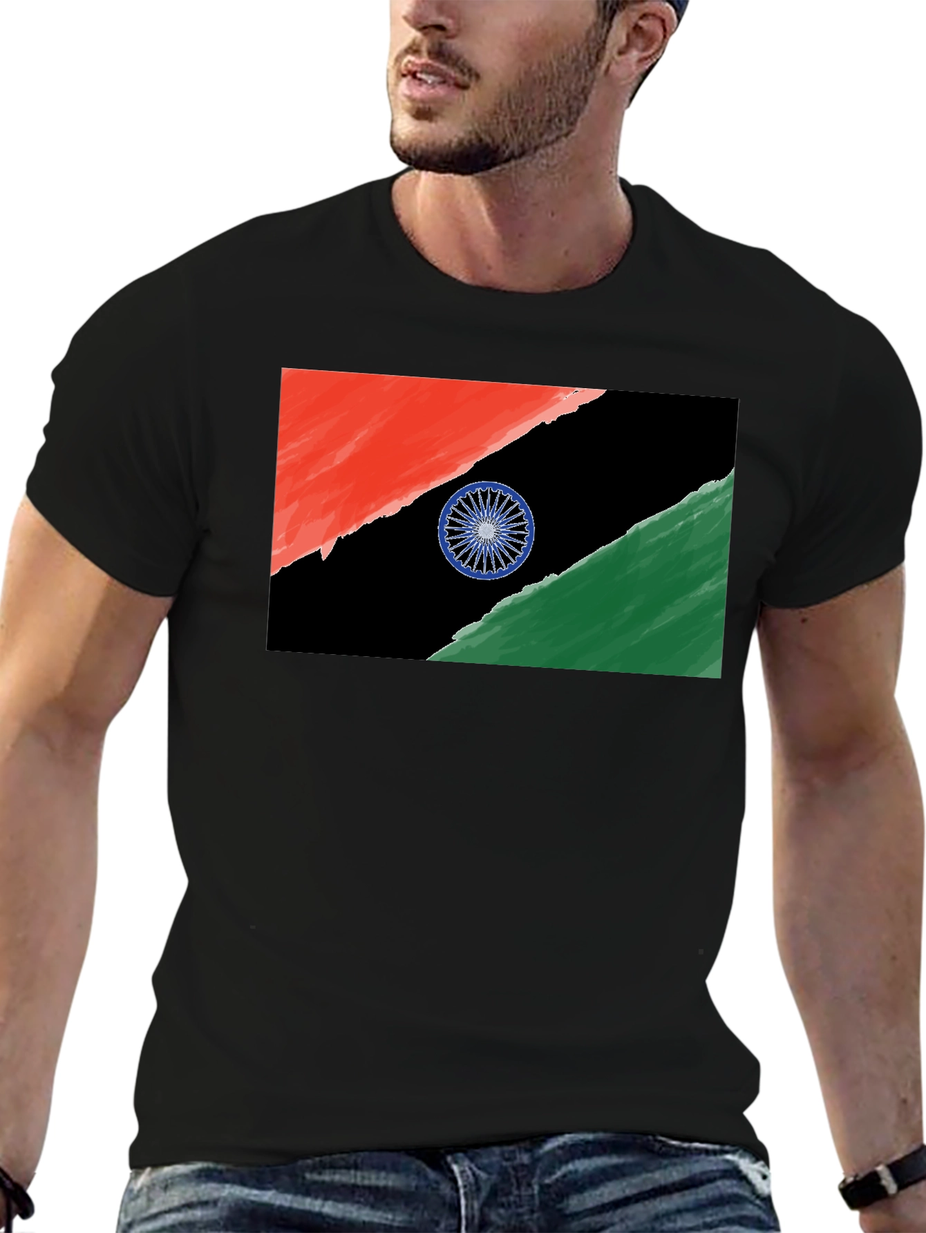 India Flag Graphic Tee - Black Cotton T-Shirt