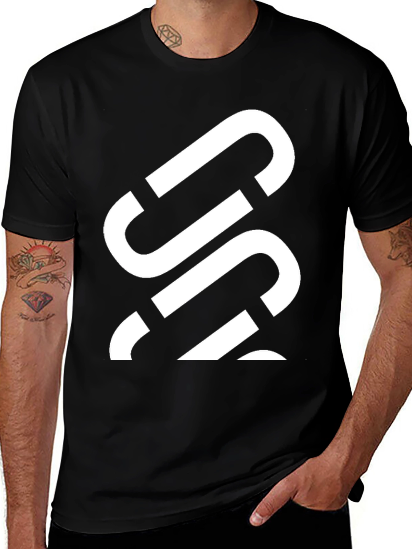 Mens Black Graphic Tee - Abstract White Design