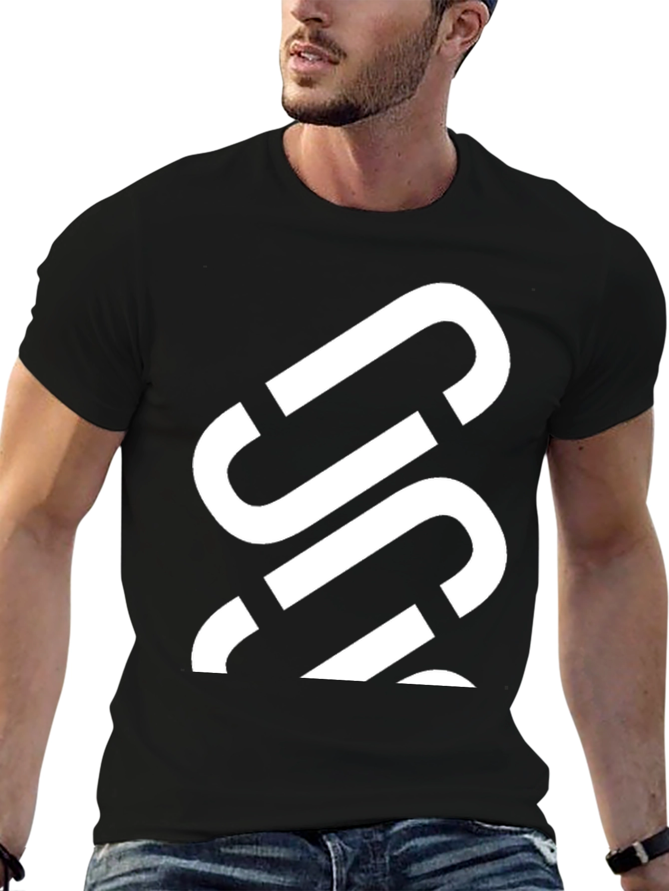 Mens Black Graphic Tee - Abstract White Design