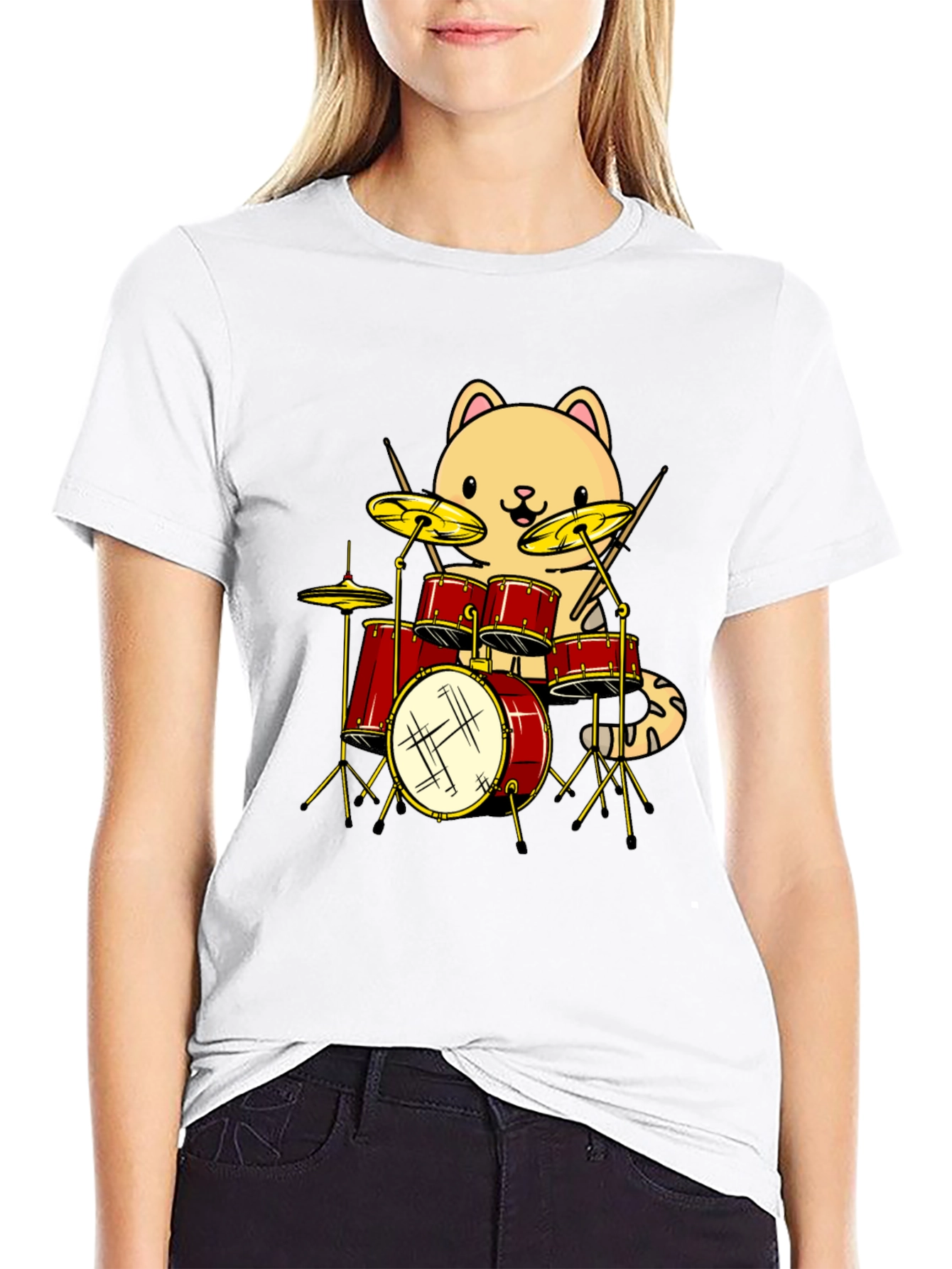 Cat Drummer Black T-Shirt - Funny Band Tee