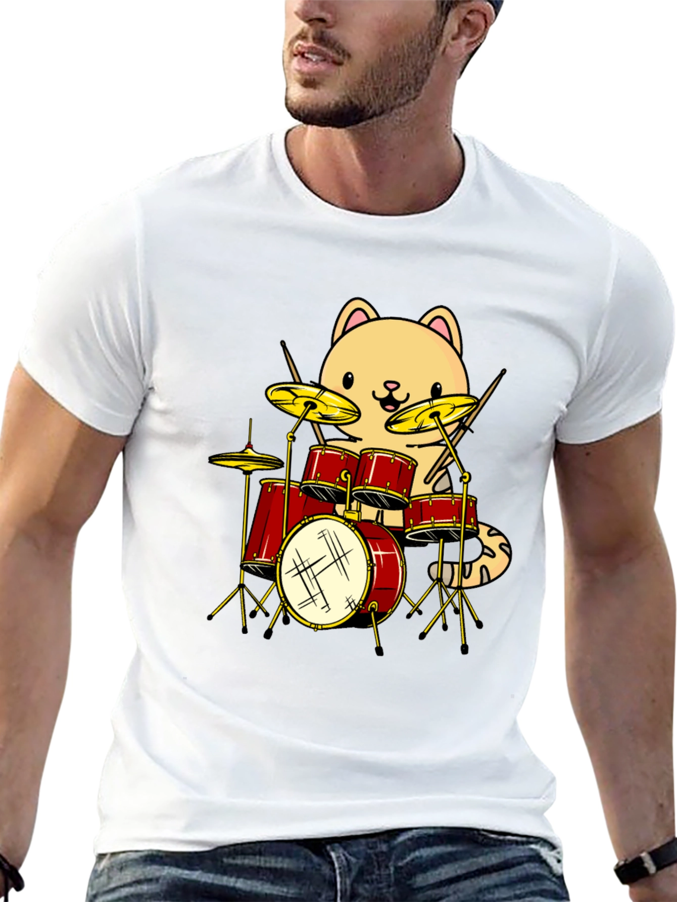 Cat Drummer Black T-Shirt - Funny Band Tee