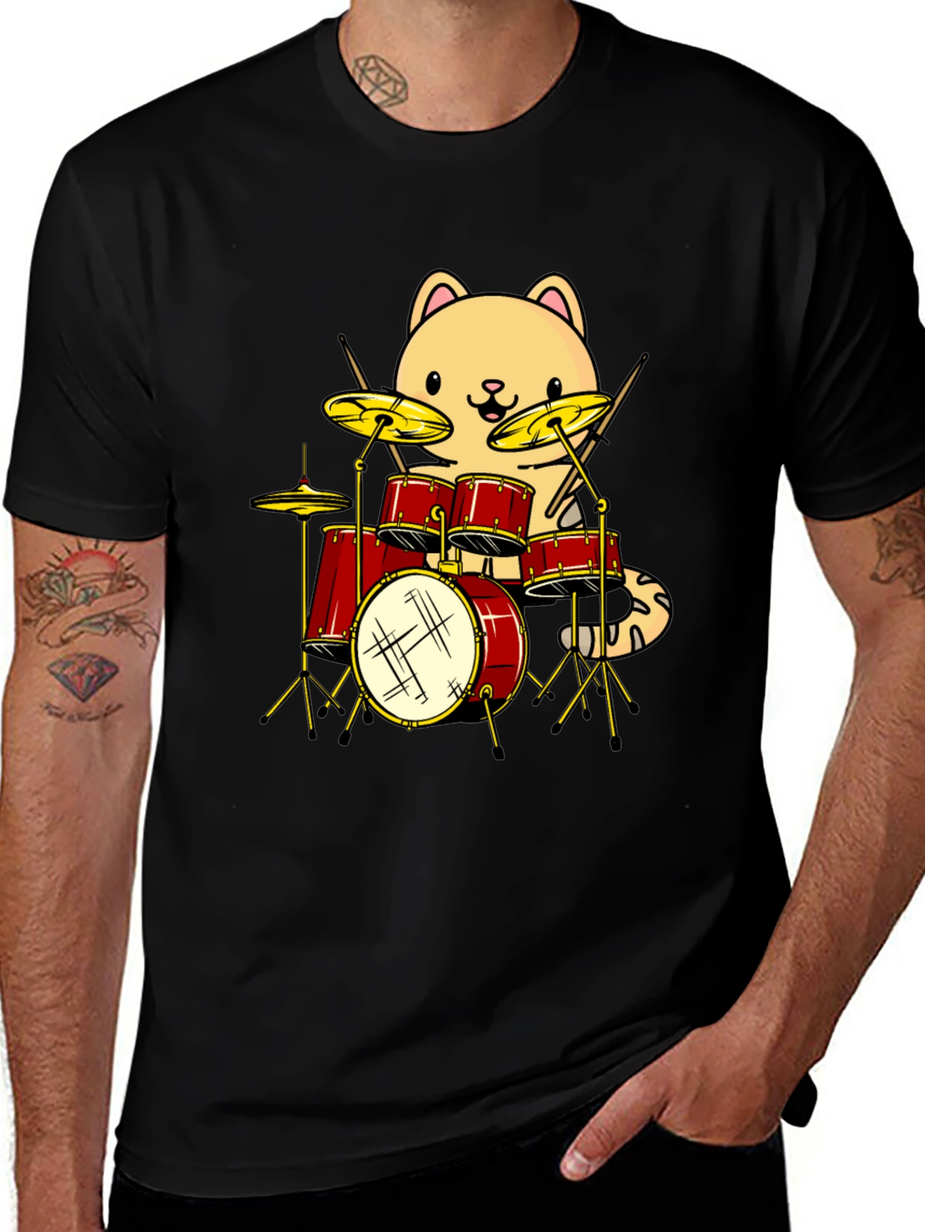 Cat Drummer Black T-Shirt - Funny Band Tee