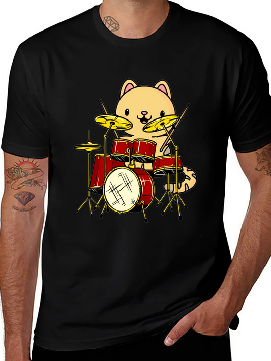 Cat Drummer Black T-Shirt - Funny Band Tee