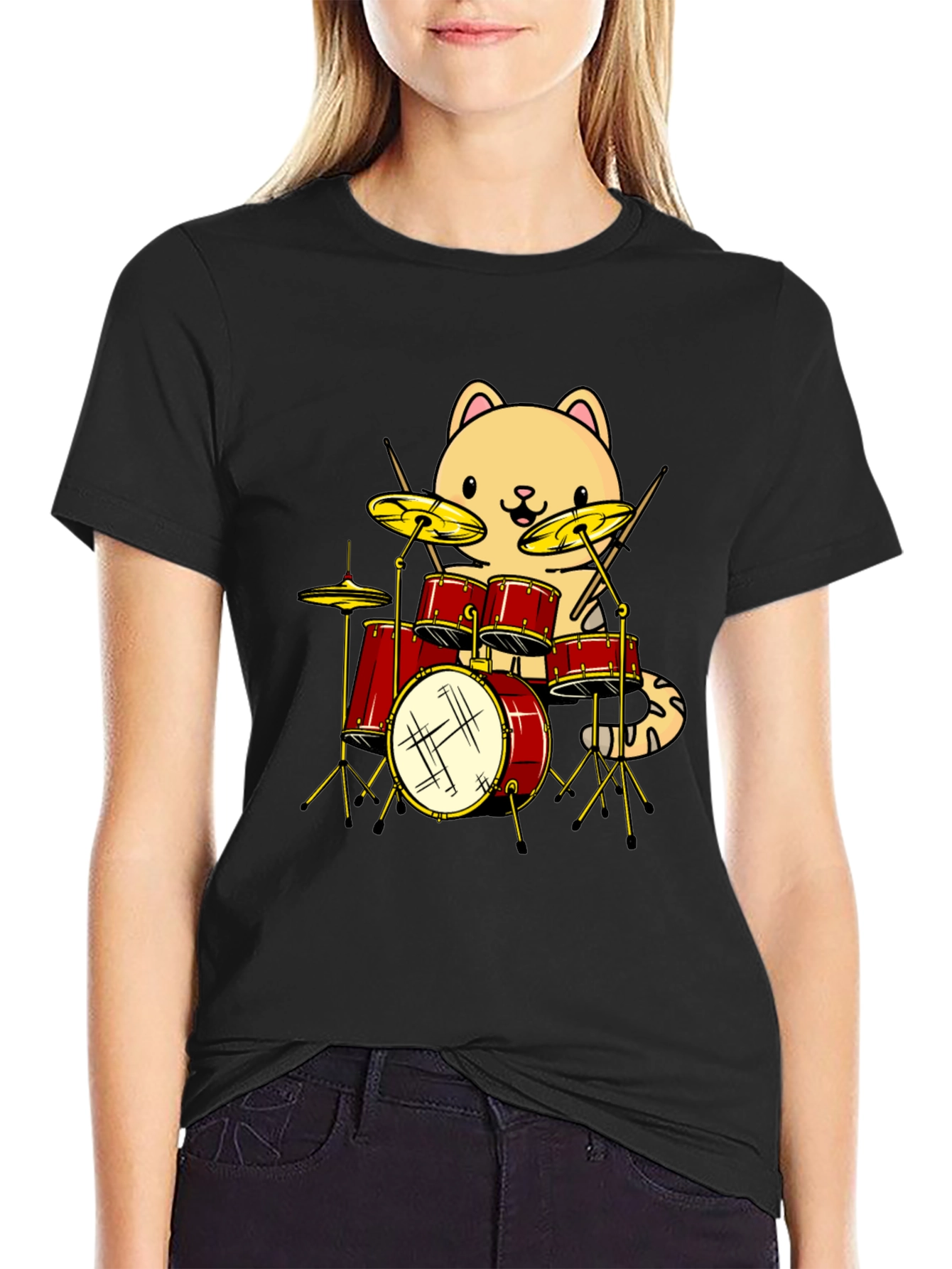 Cat Drummer Black T-Shirt - Funny Band Tee