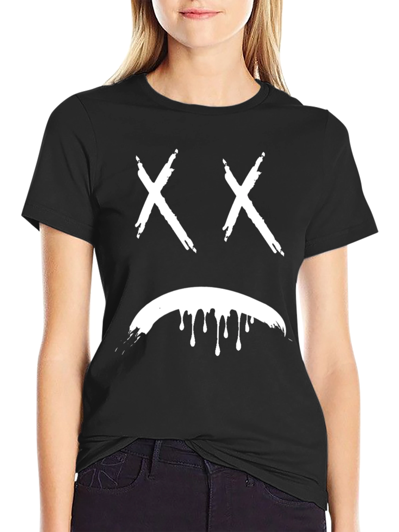 Sad Face Graphic Tee - Black Cotton Blend