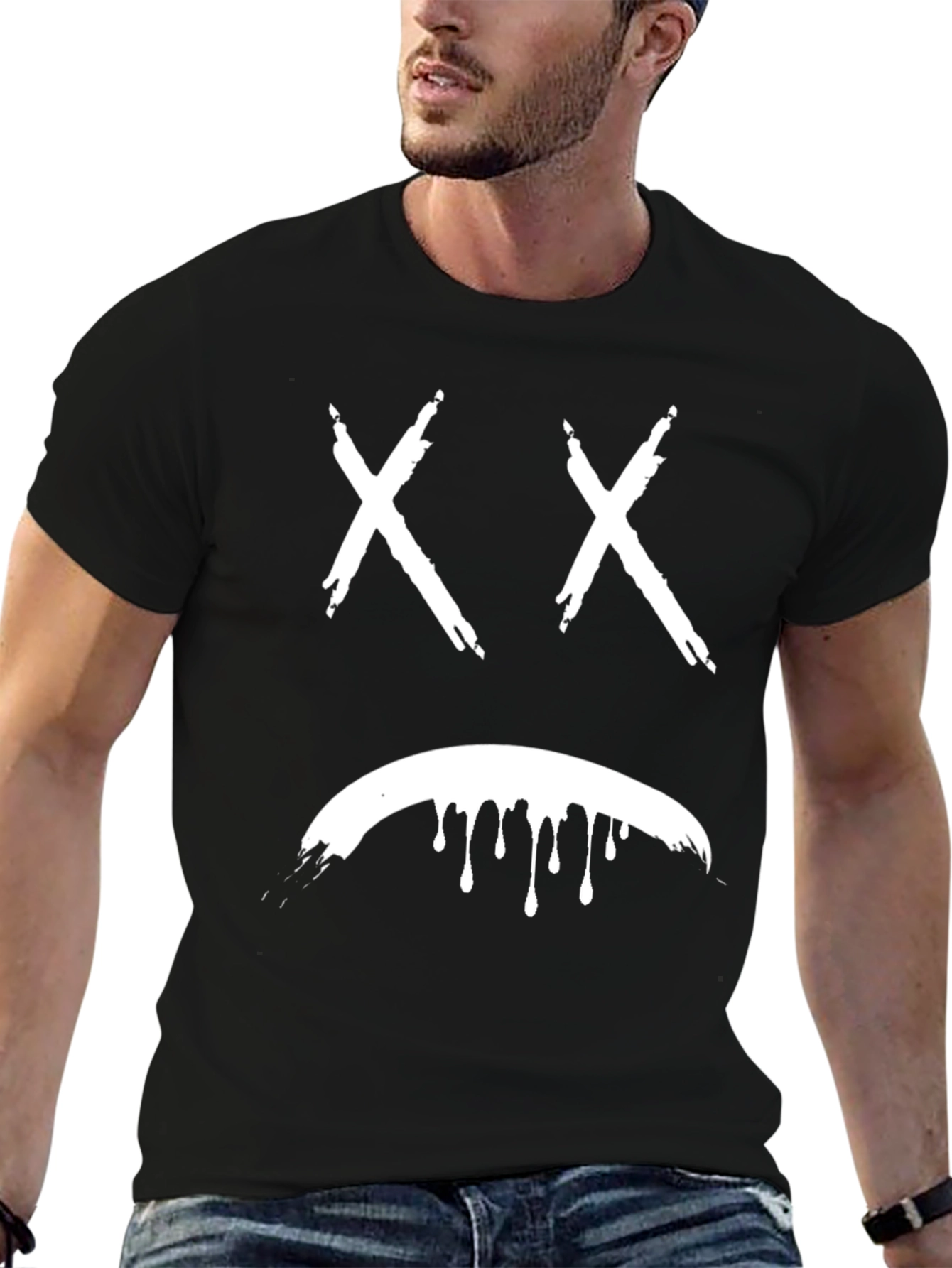 Sad Face Graphic Tee - Black Cotton Blend