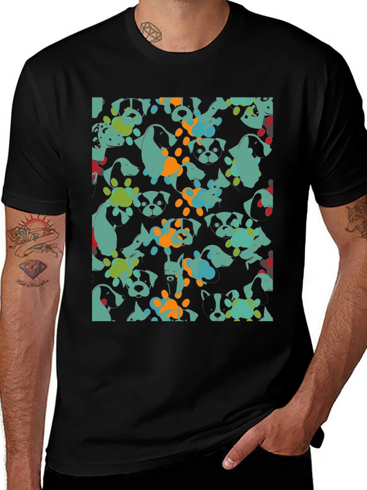 Dog Pattern Black Cotton T-Shirt