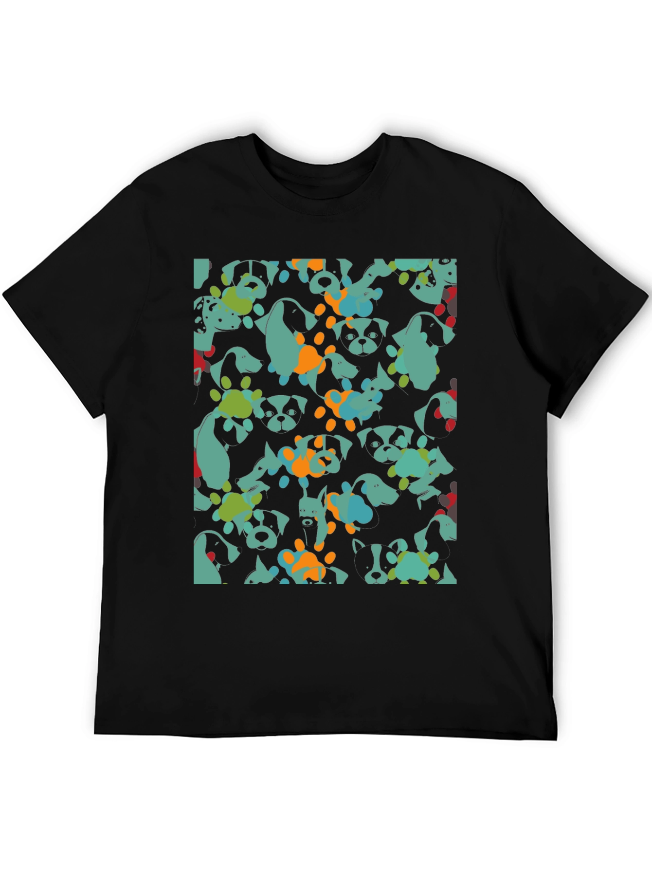 Dog Pattern Black Cotton T-Shirt