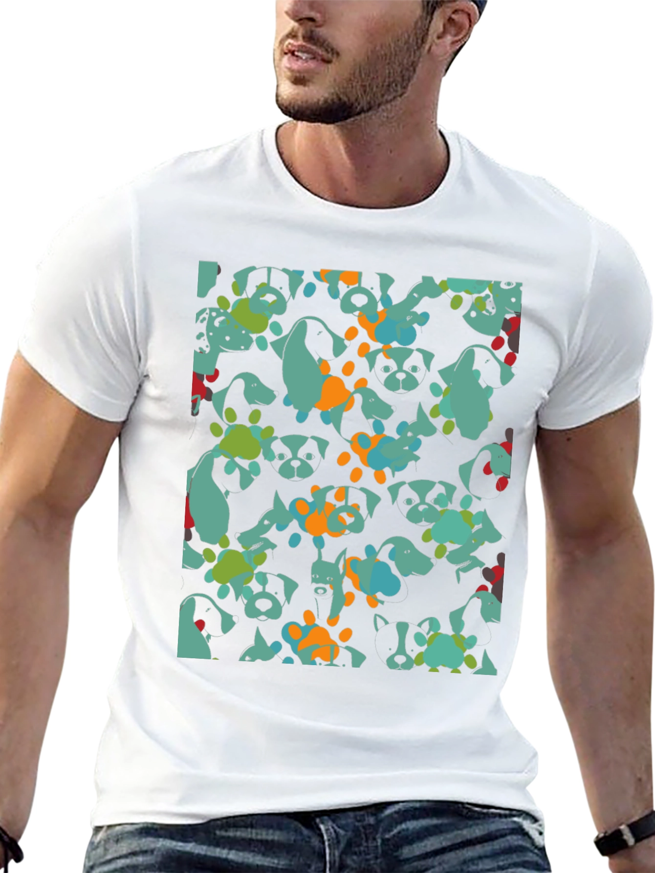 Dog Pattern Black Cotton T-Shirt