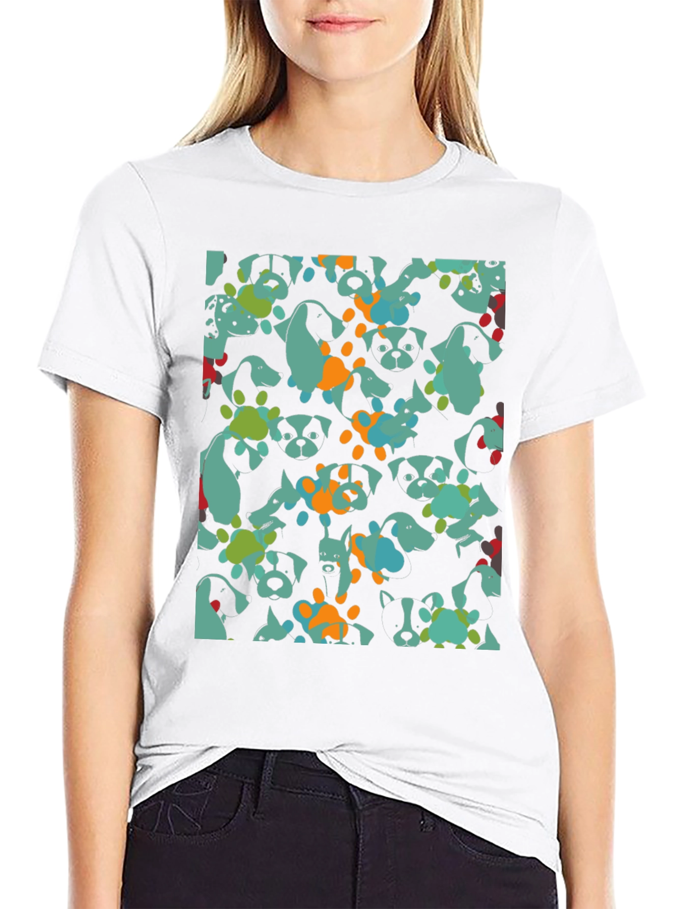 Dog Pattern Black Cotton T-Shirt