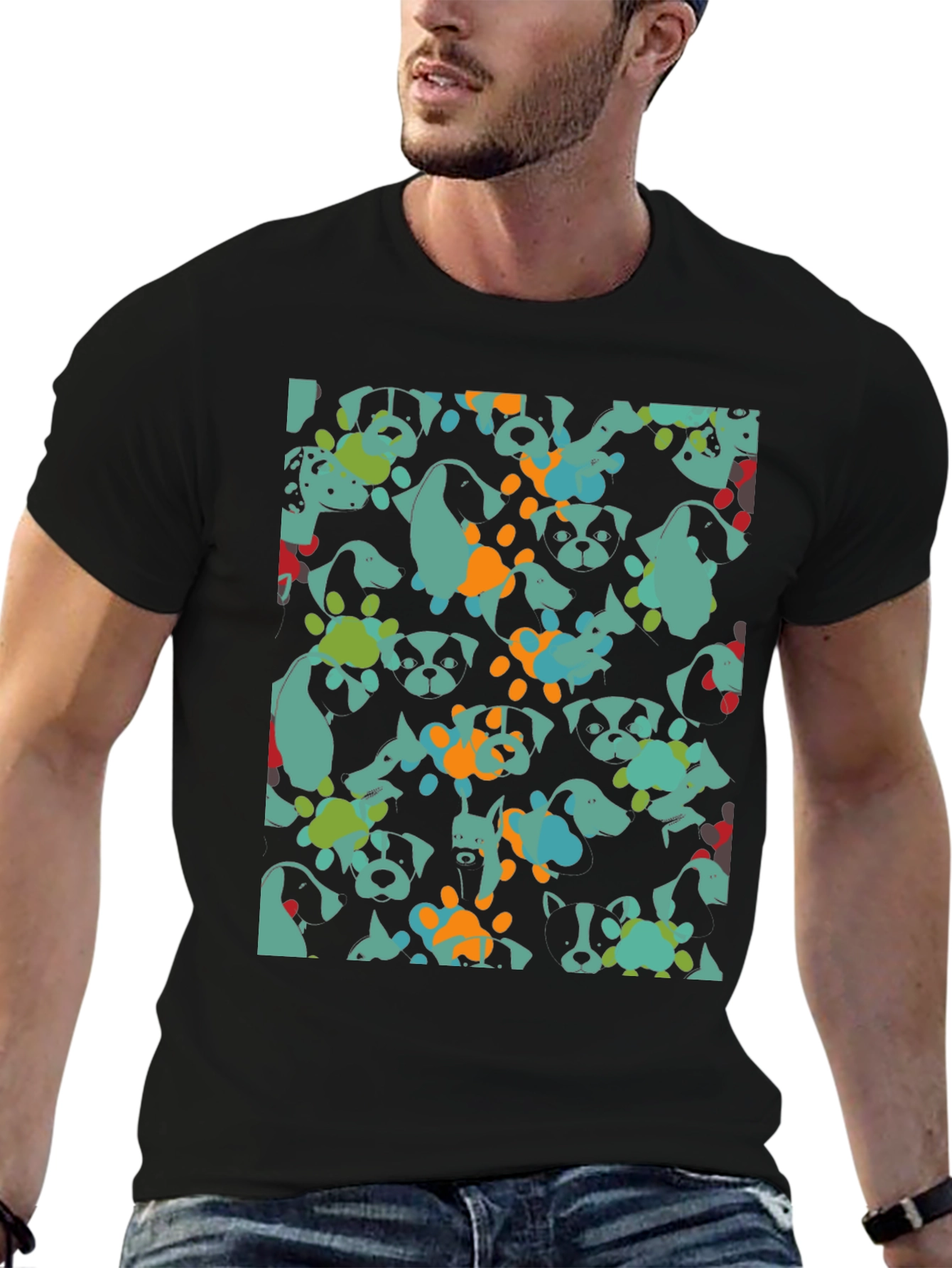Dog Pattern Black Cotton T-Shirt
