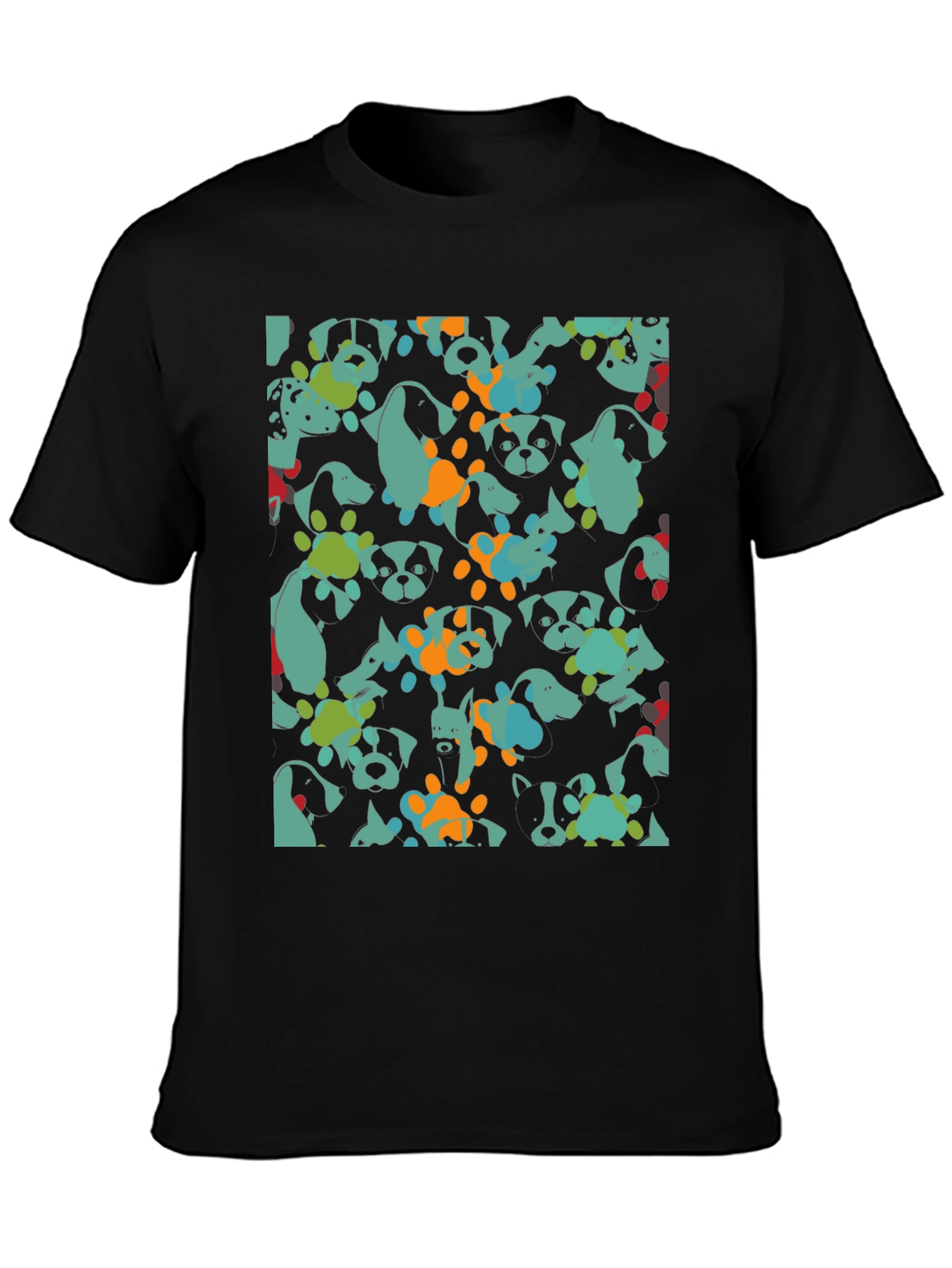 Dog Pattern Black Cotton T-Shirt