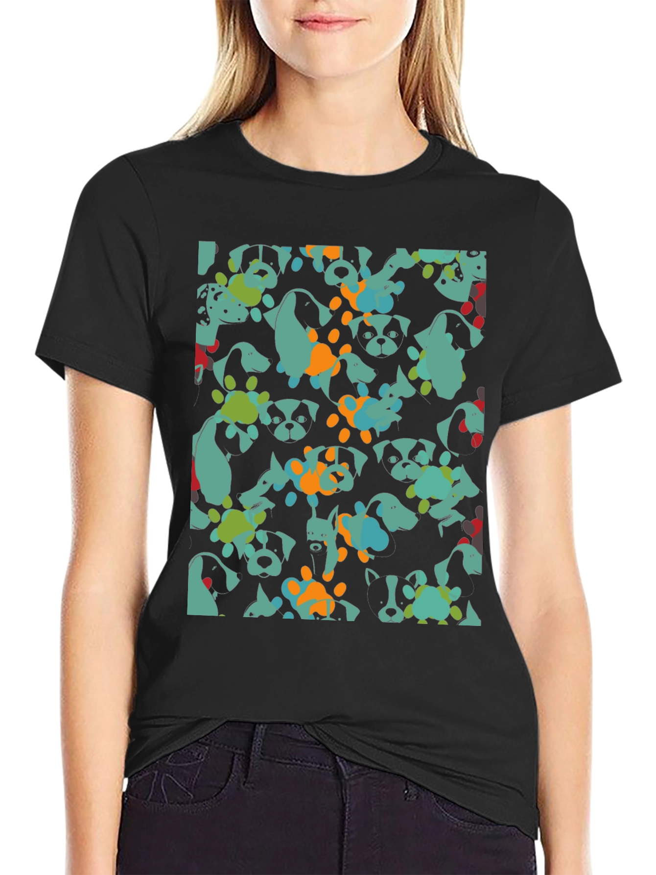 Dog Pattern Black Cotton T-Shirt