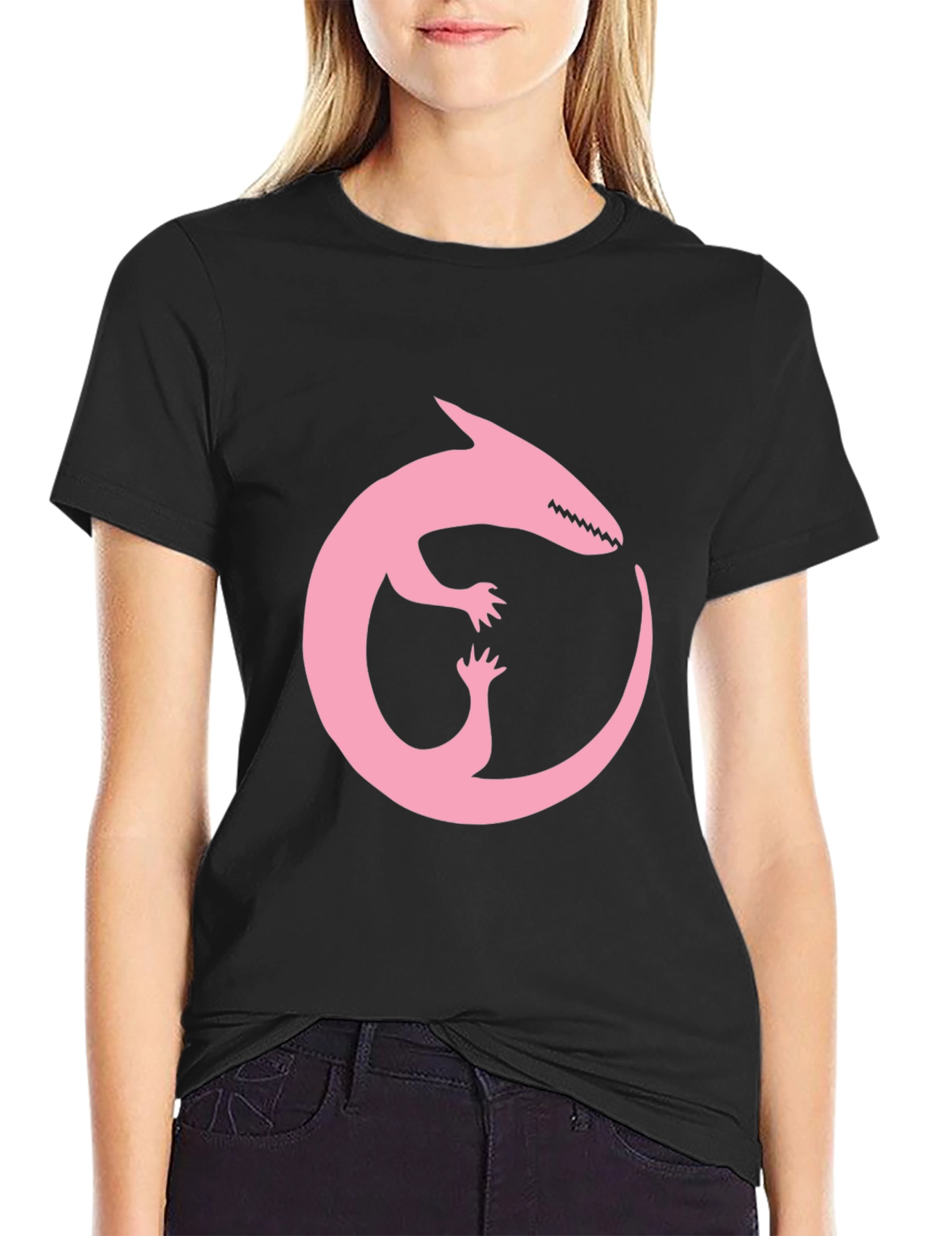 Pink Dinosaur Ouroboros Black T-Shirt