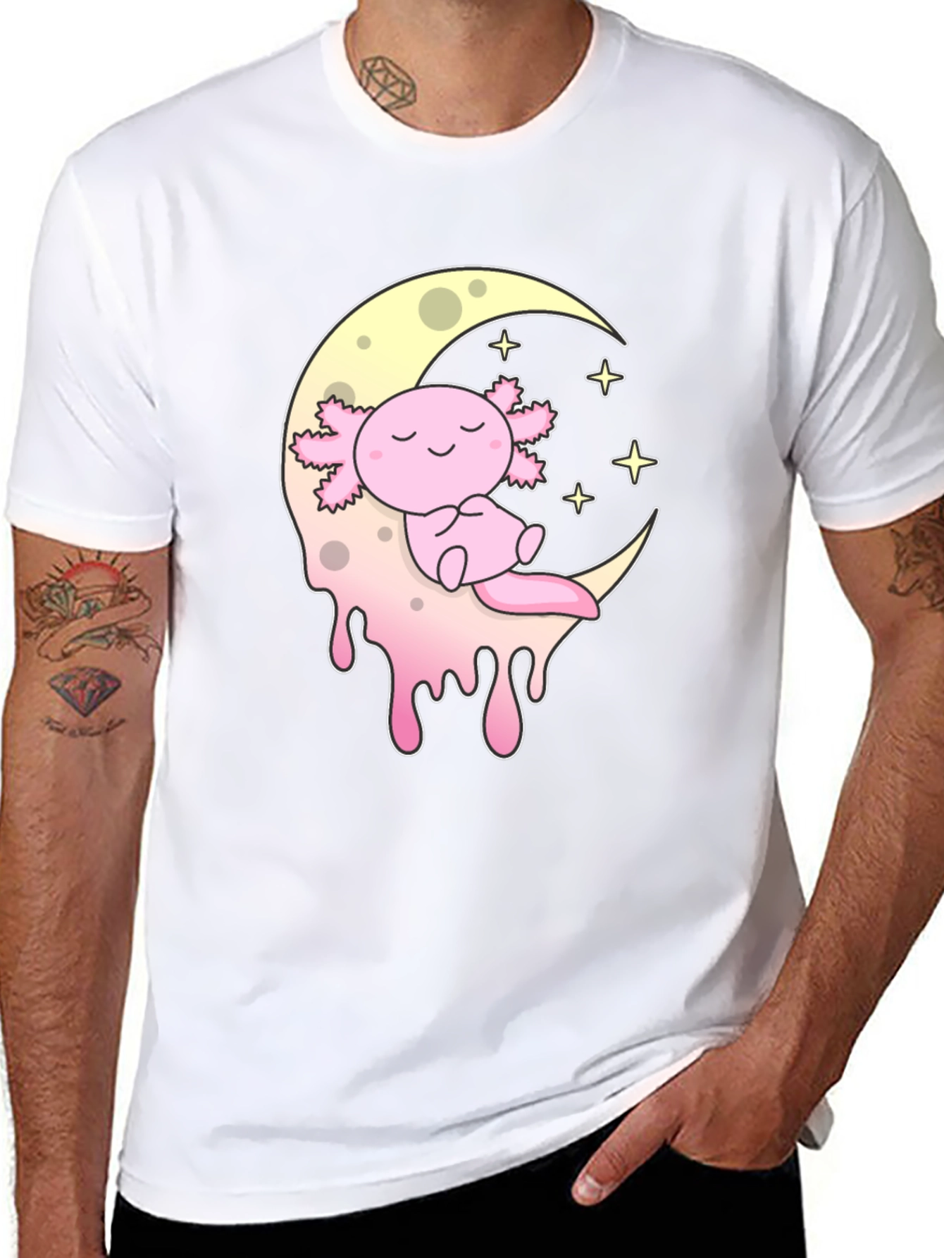 Axolotl Moon T-Shirt - Kawaii Pink Salamander Tee
