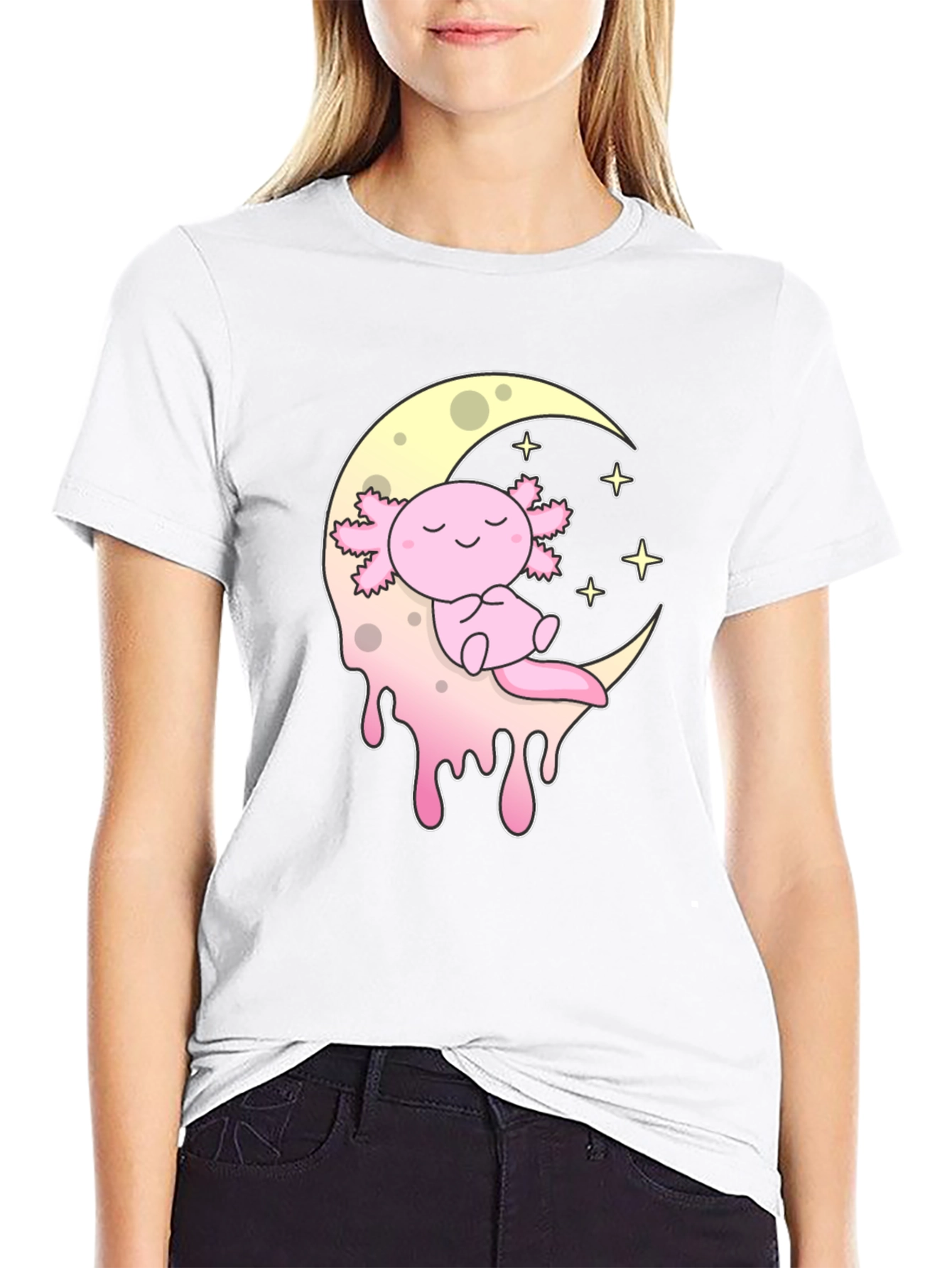 Axolotl Moon T-Shirt - Kawaii Pink Salamander Tee