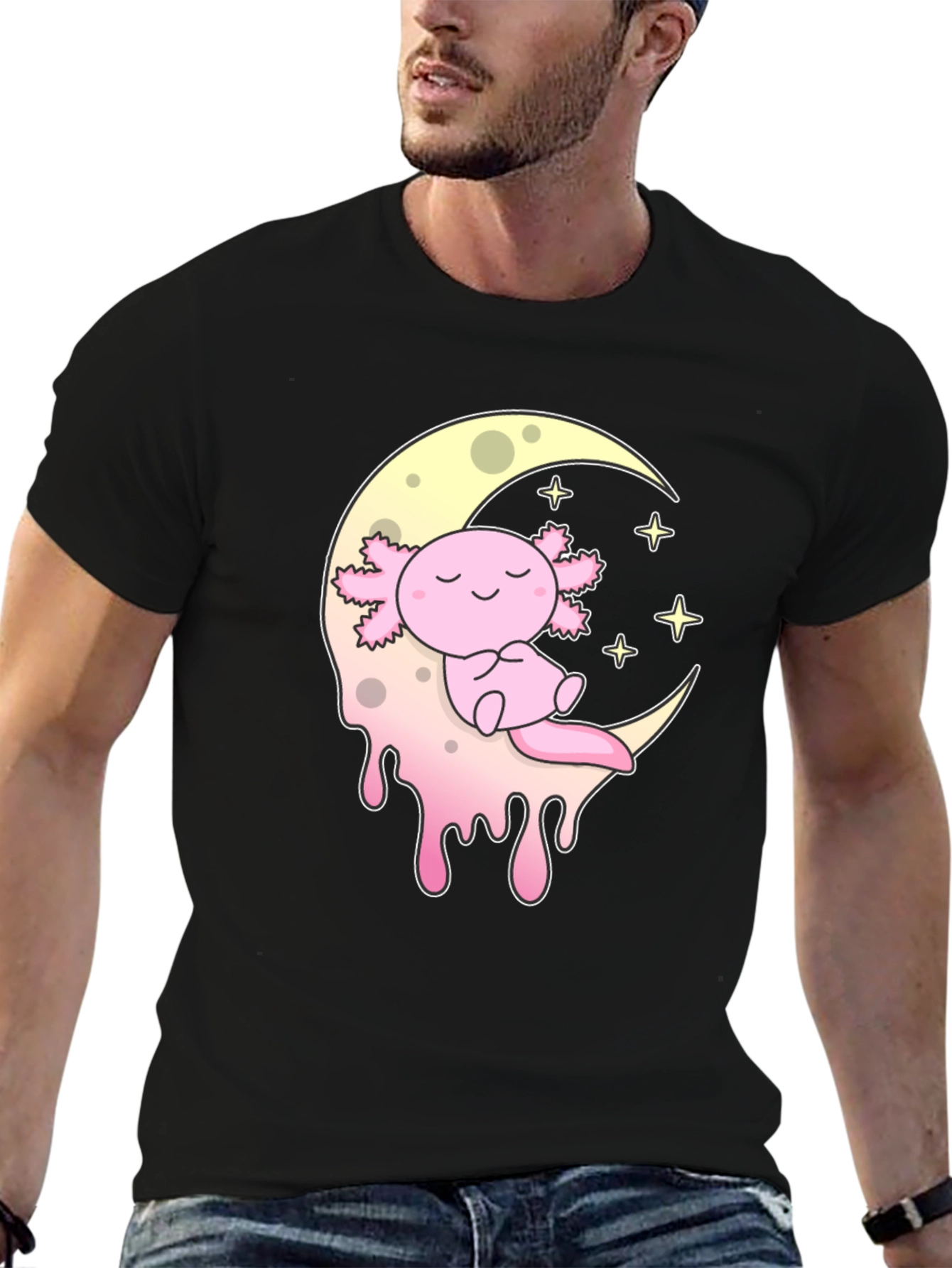 Axolotl Moon T-Shirt - Kawaii Pink Salamander Tee