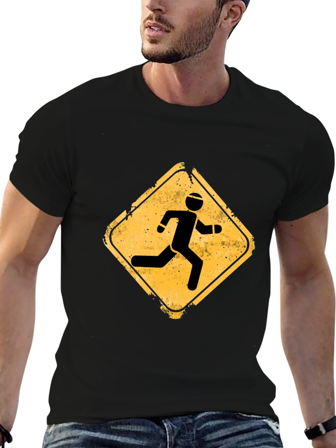 Mens Black Running Sign Graphic Tee