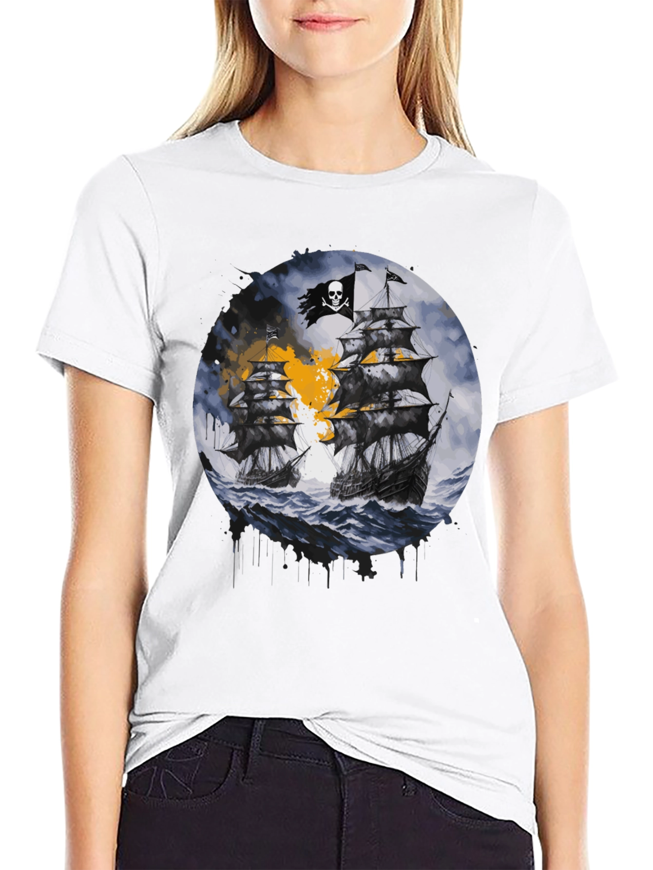 Pirate Ship Graphic T-Shirt - Black Cotton Tee