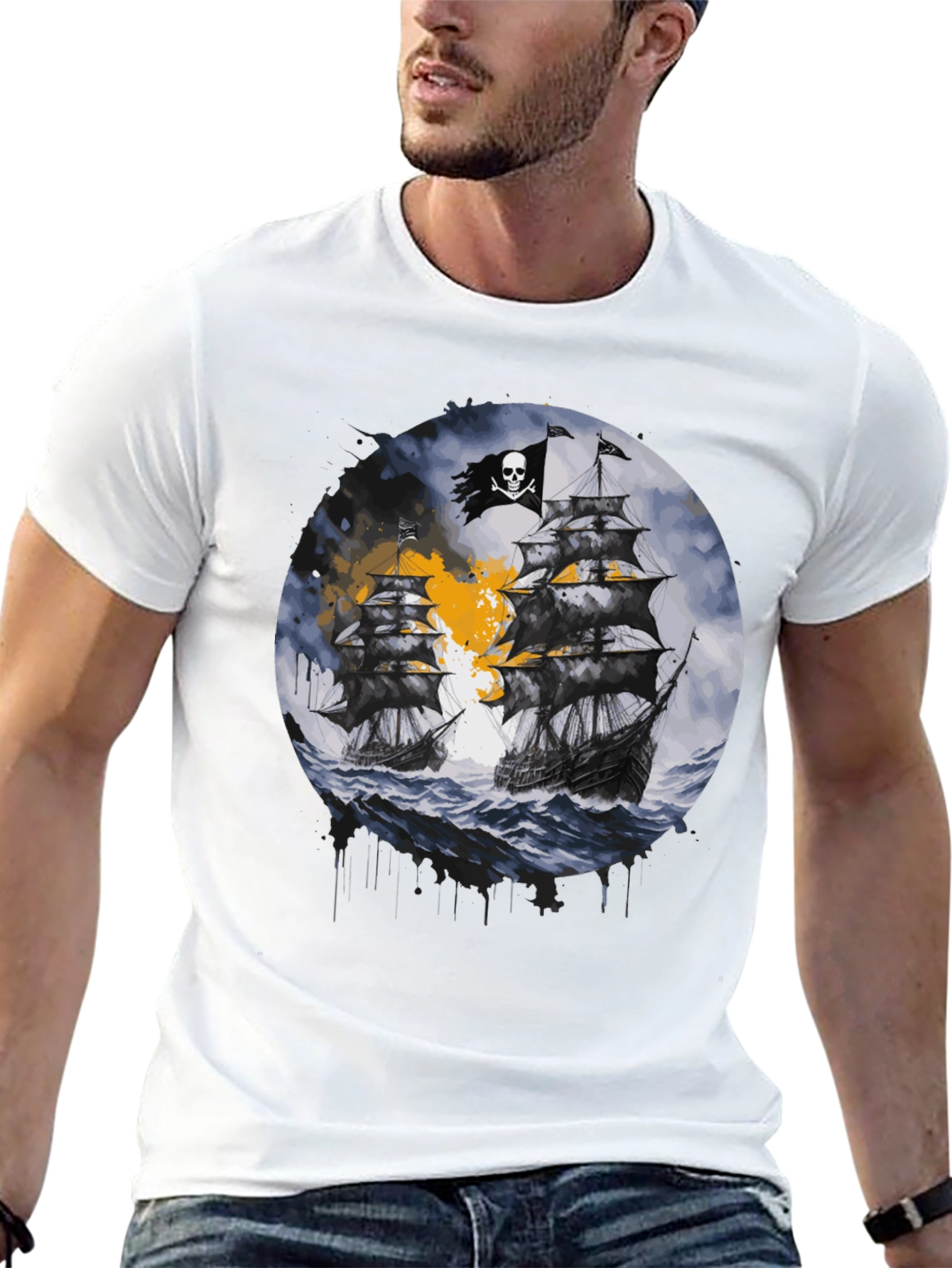 Pirate Ship Graphic T-Shirt - Black Cotton Tee