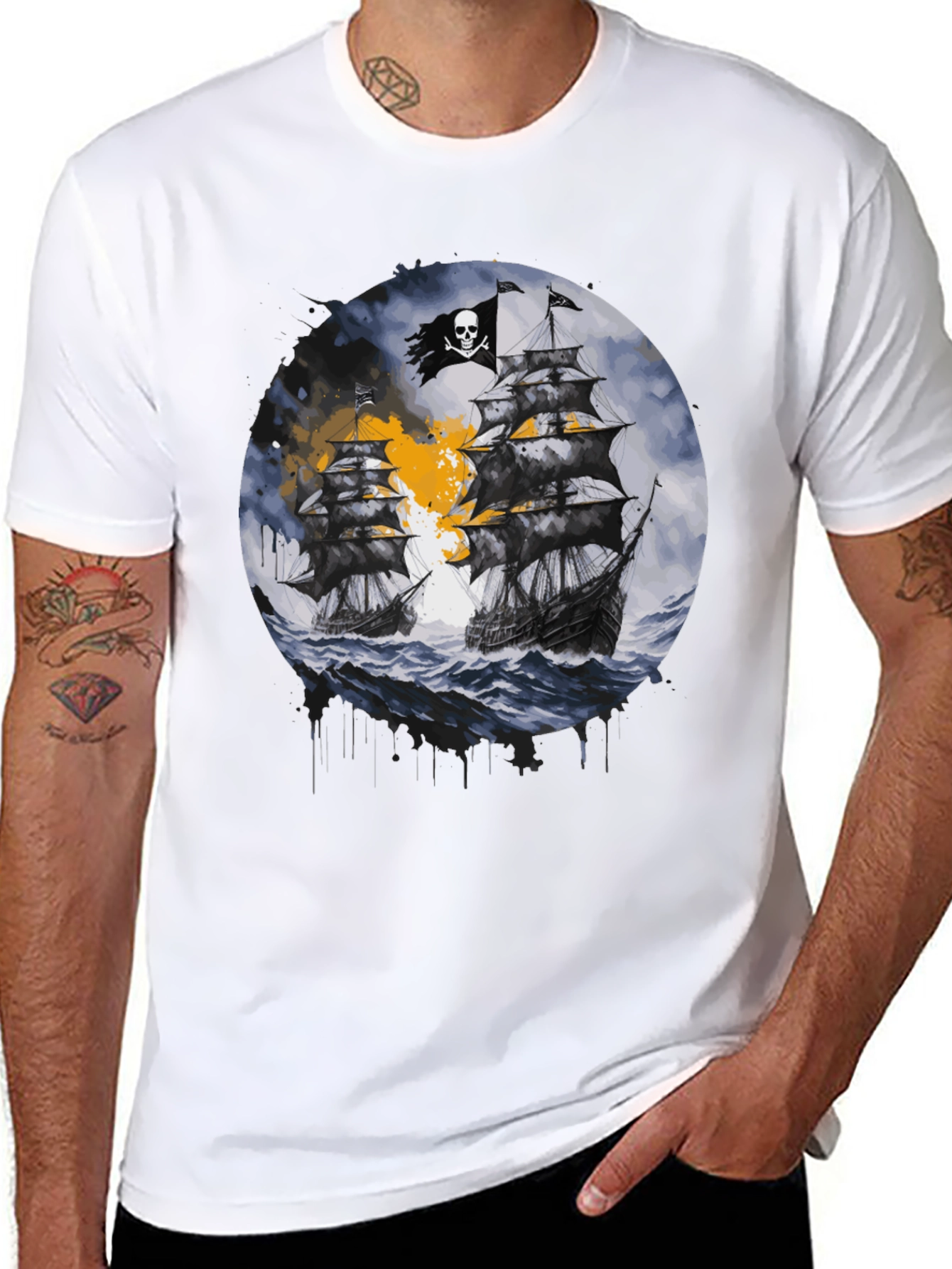 Pirate Ship Graphic T-Shirt - Black Cotton Tee