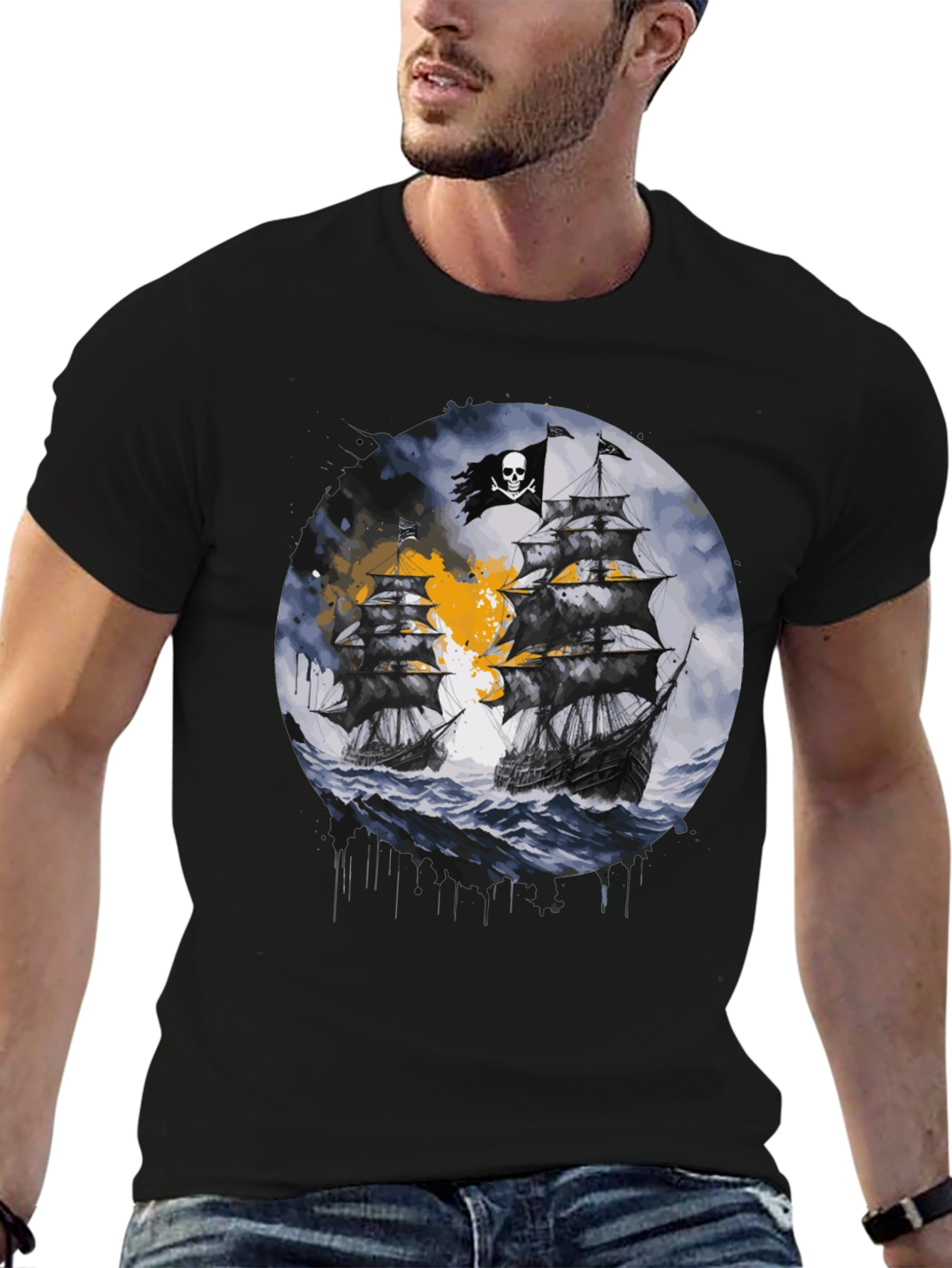 Pirate Ship Graphic T-Shirt - Black Cotton Tee