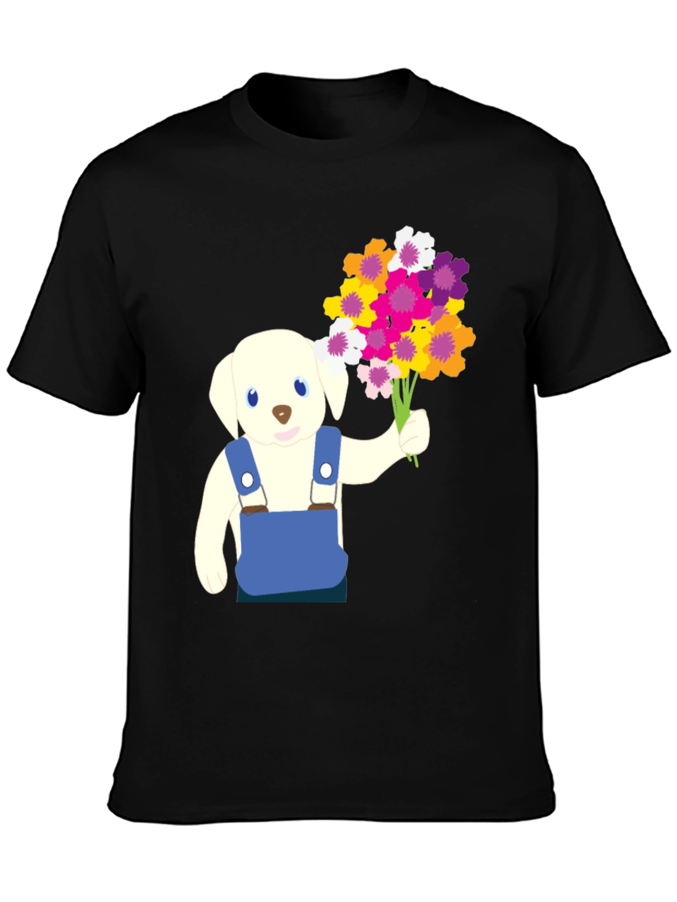 Puppy with Flowers Graphic Tee - Black