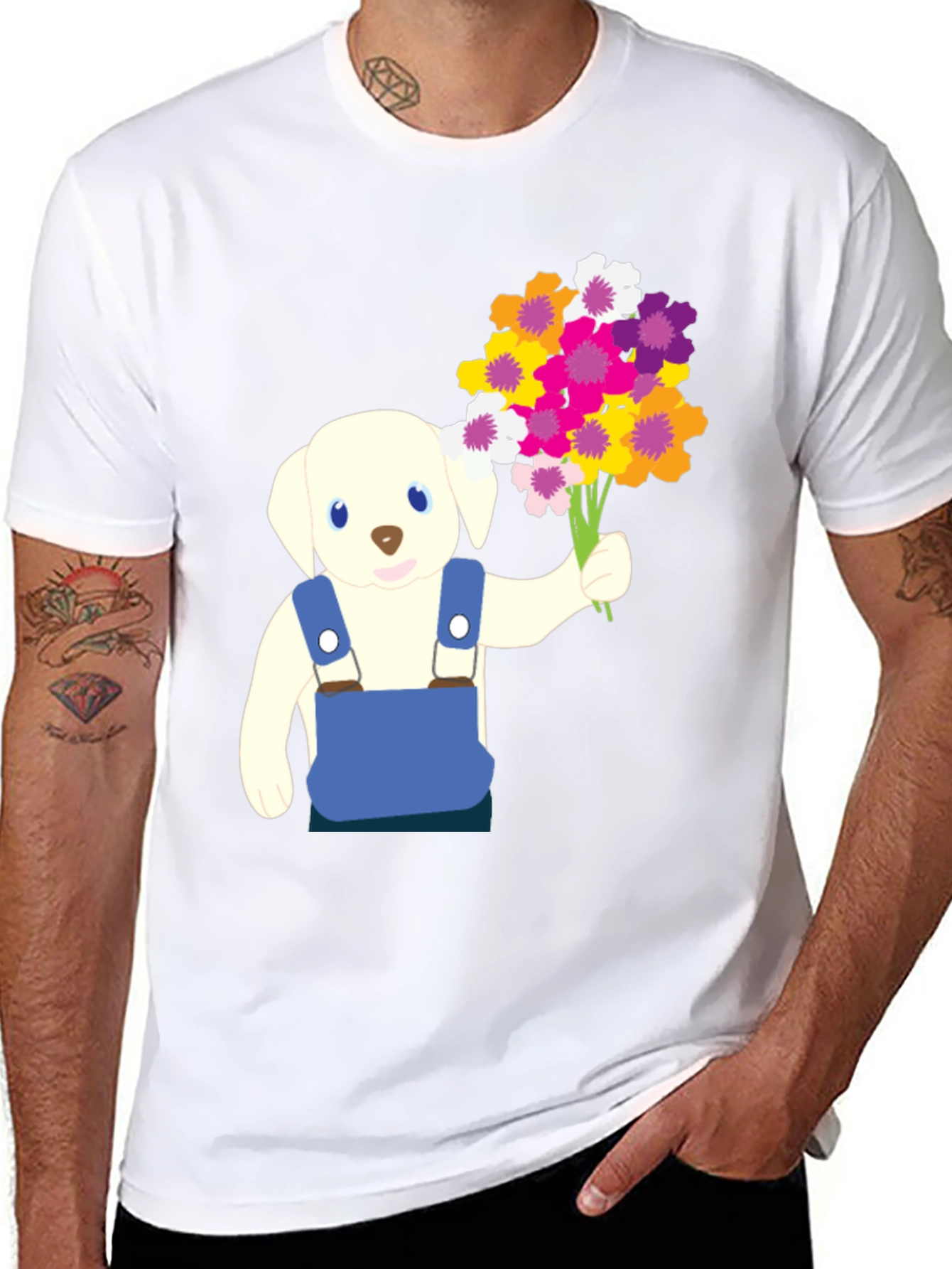 Puppy with Flowers Graphic Tee - Black