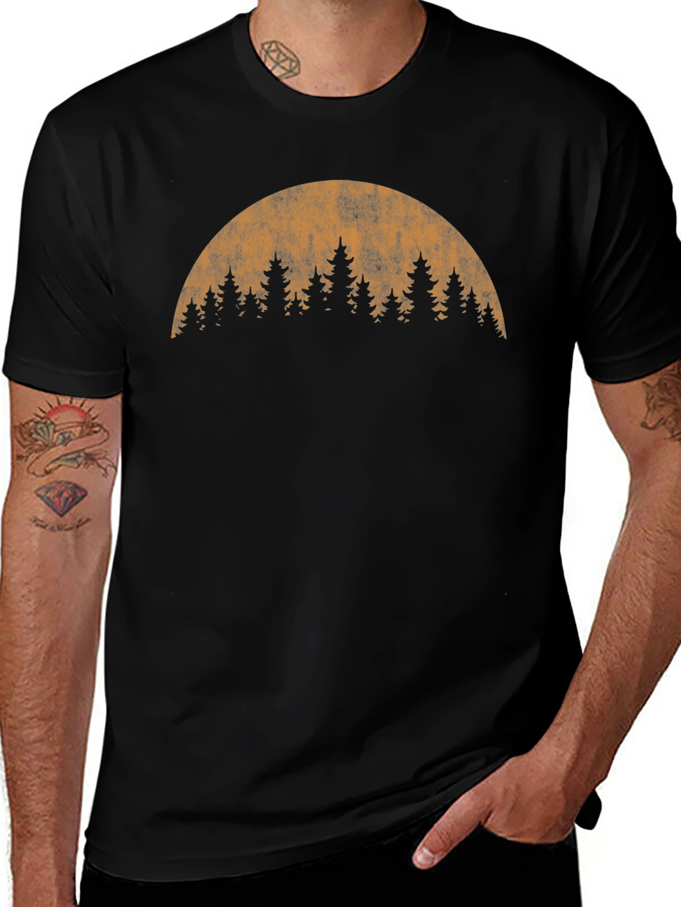 Retro Forest Moon Graphic T-Shirt - Black
