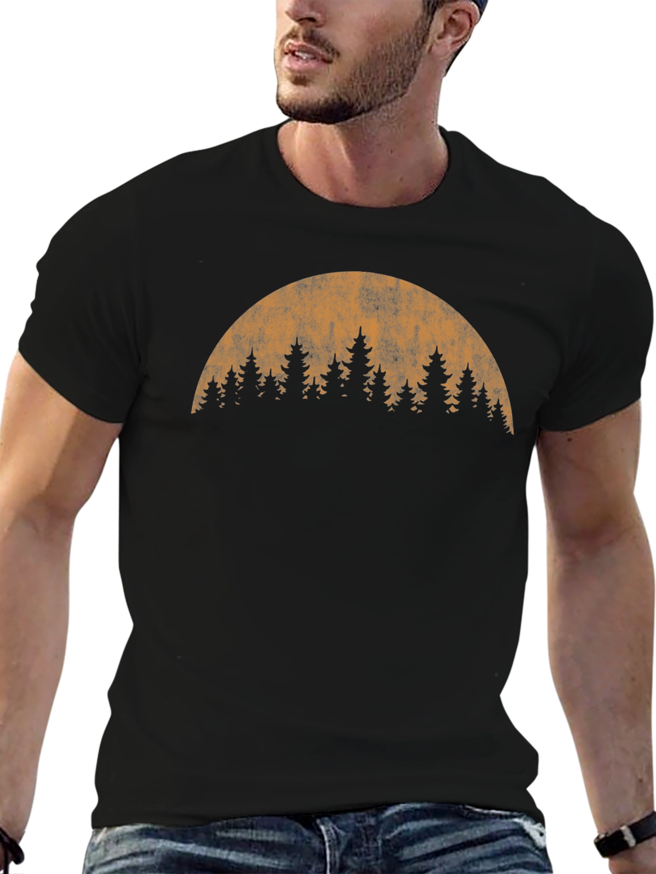Retro Forest Moon Graphic T-Shirt - Black