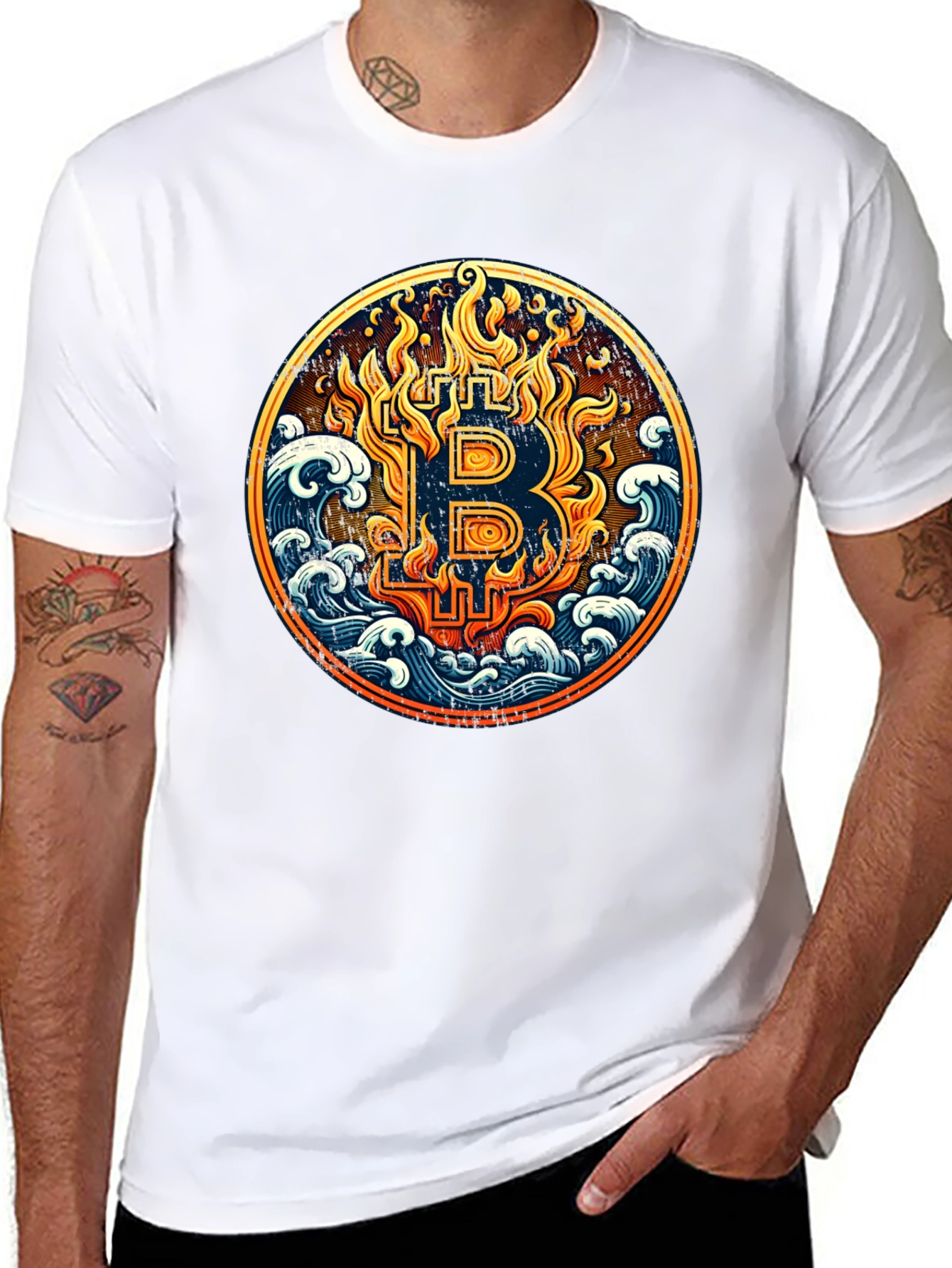 Bitcoin Fire & Waves Graphic Tee