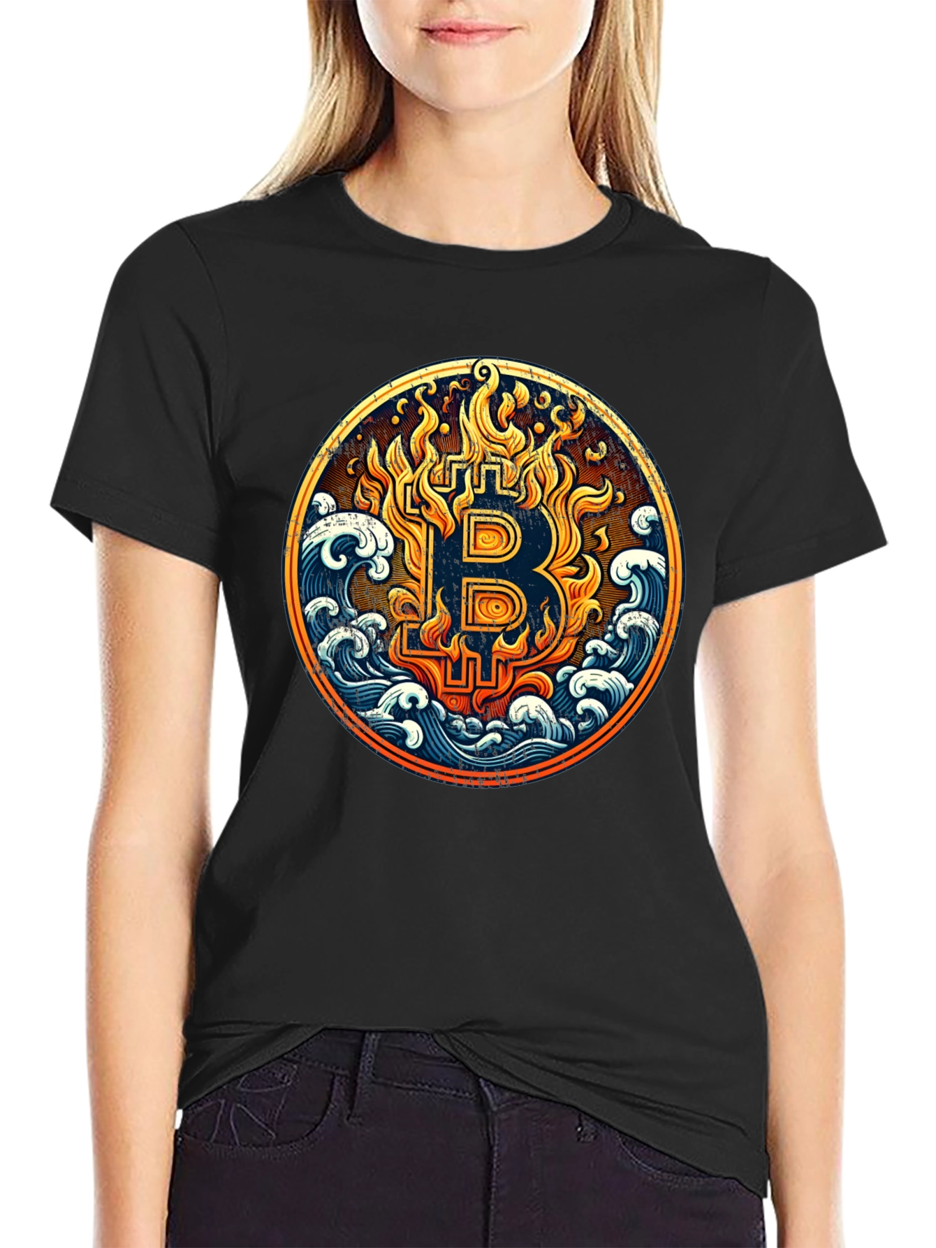 Bitcoin Fire & Waves Graphic Tee