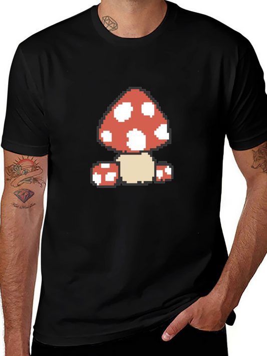 Pixel Mushroom Graphic Tee - Black Cotton Casual Shirt
