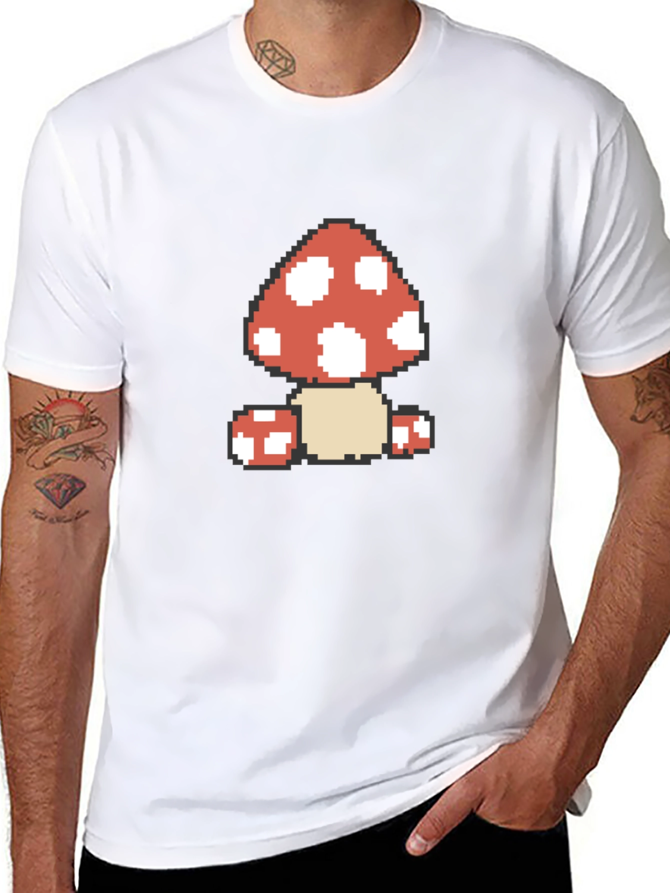 Pixel Mushroom Graphic Tee - Black Cotton Casual Shirt
