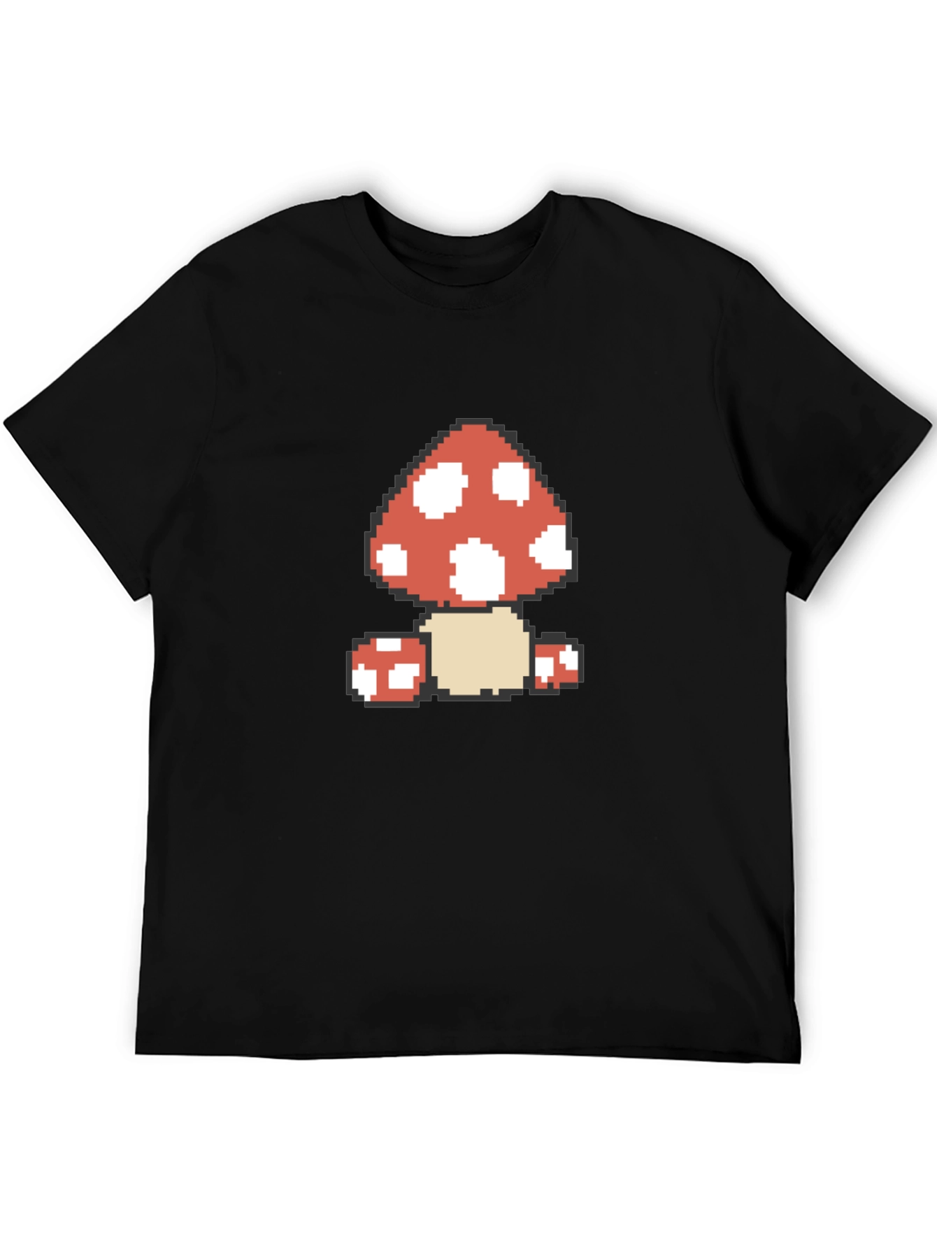 Pixel Mushroom Graphic Tee - Black Cotton Casual Shirt