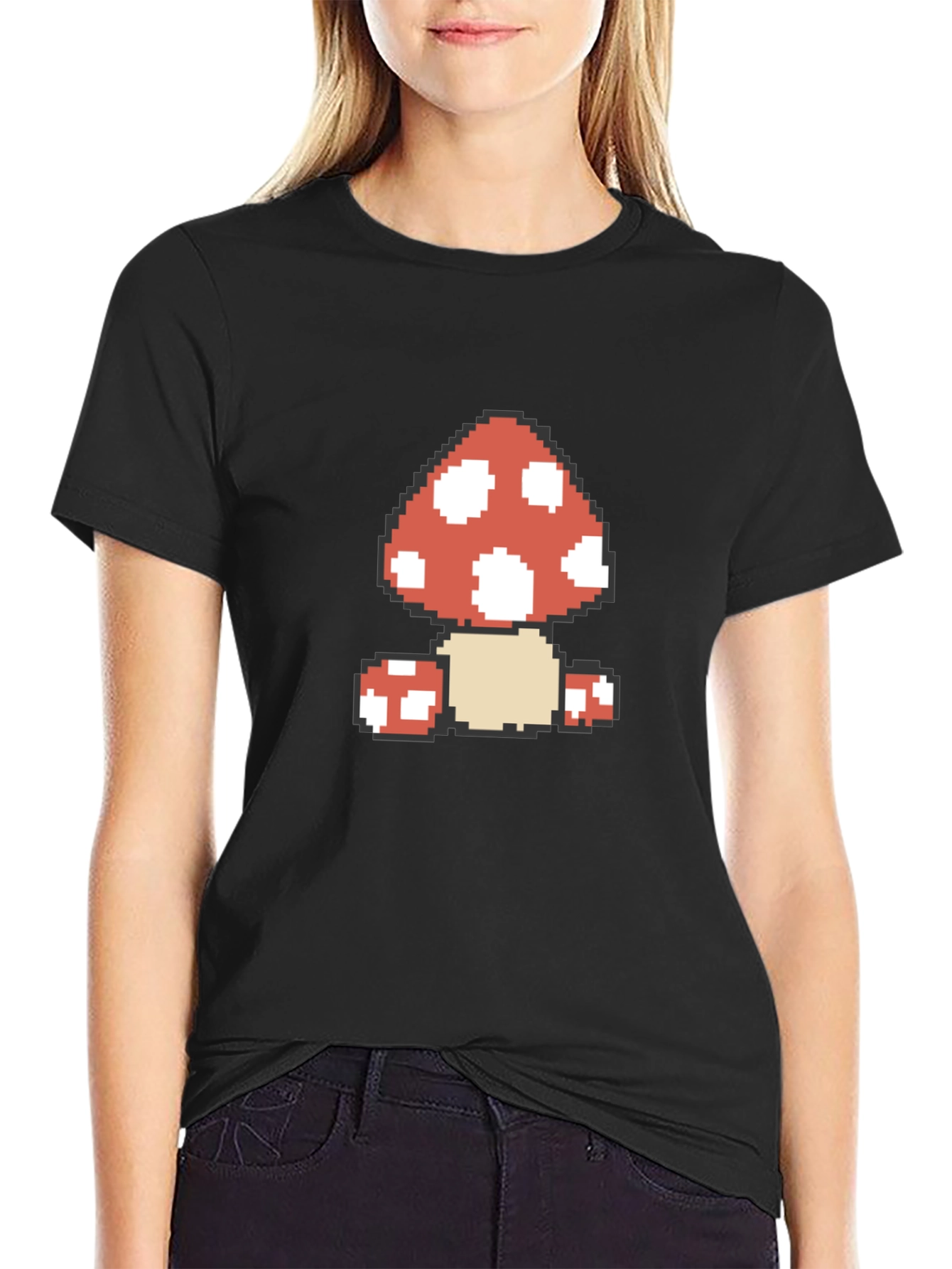 Pixel Mushroom Graphic Tee - Black Cotton Casual Shirt