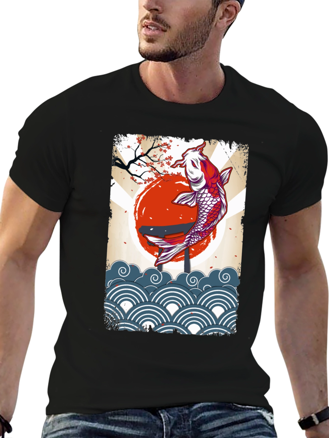 Koi Fish Graphic Tee - Black Cotton T-Shirt
