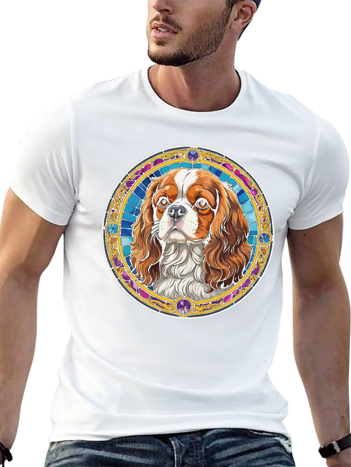 Cavalier King Charles Spaniel Stained Glass Style T-Shirt