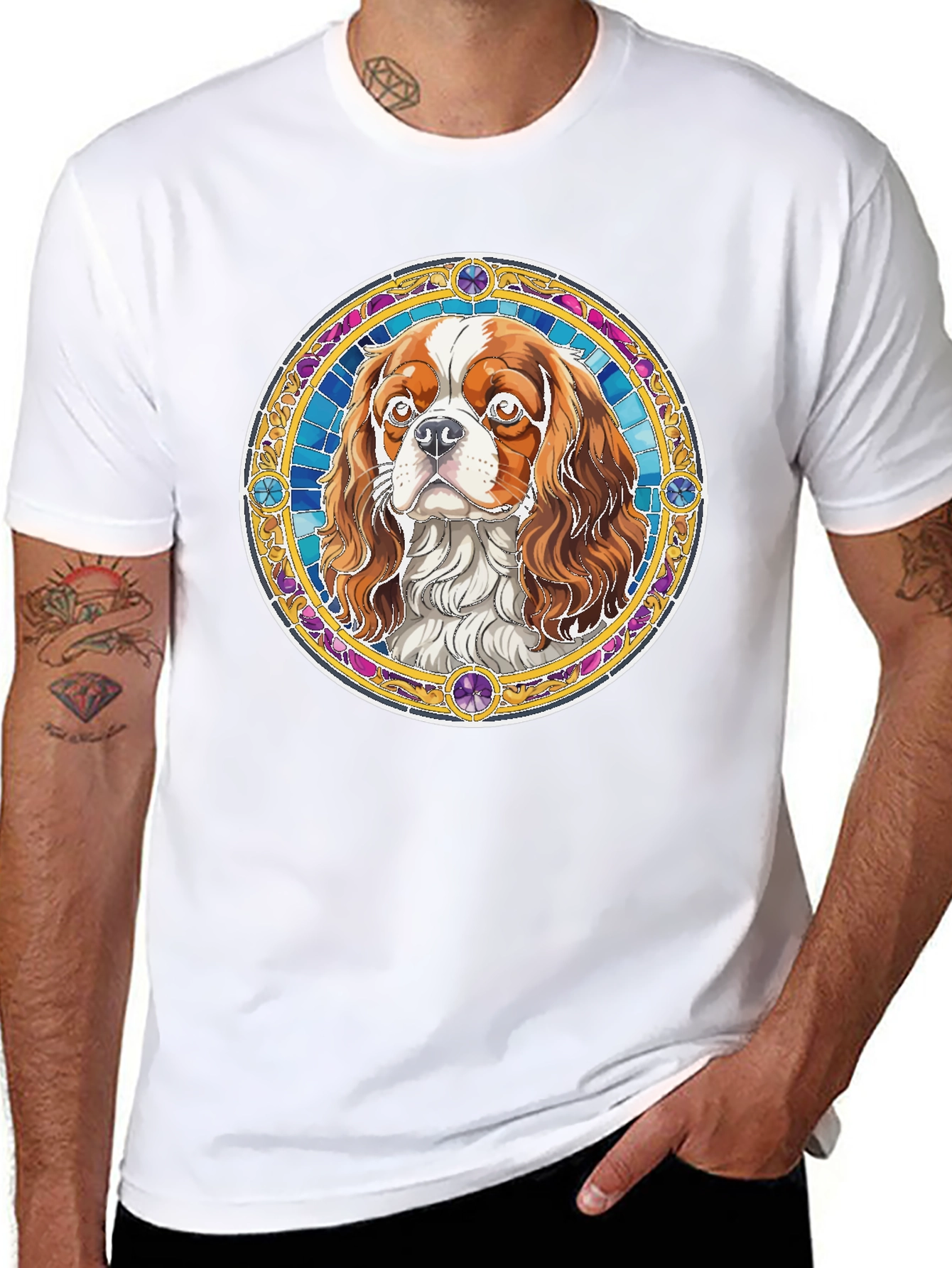 Cavalier King Charles Spaniel Stained Glass Style T-Shirt