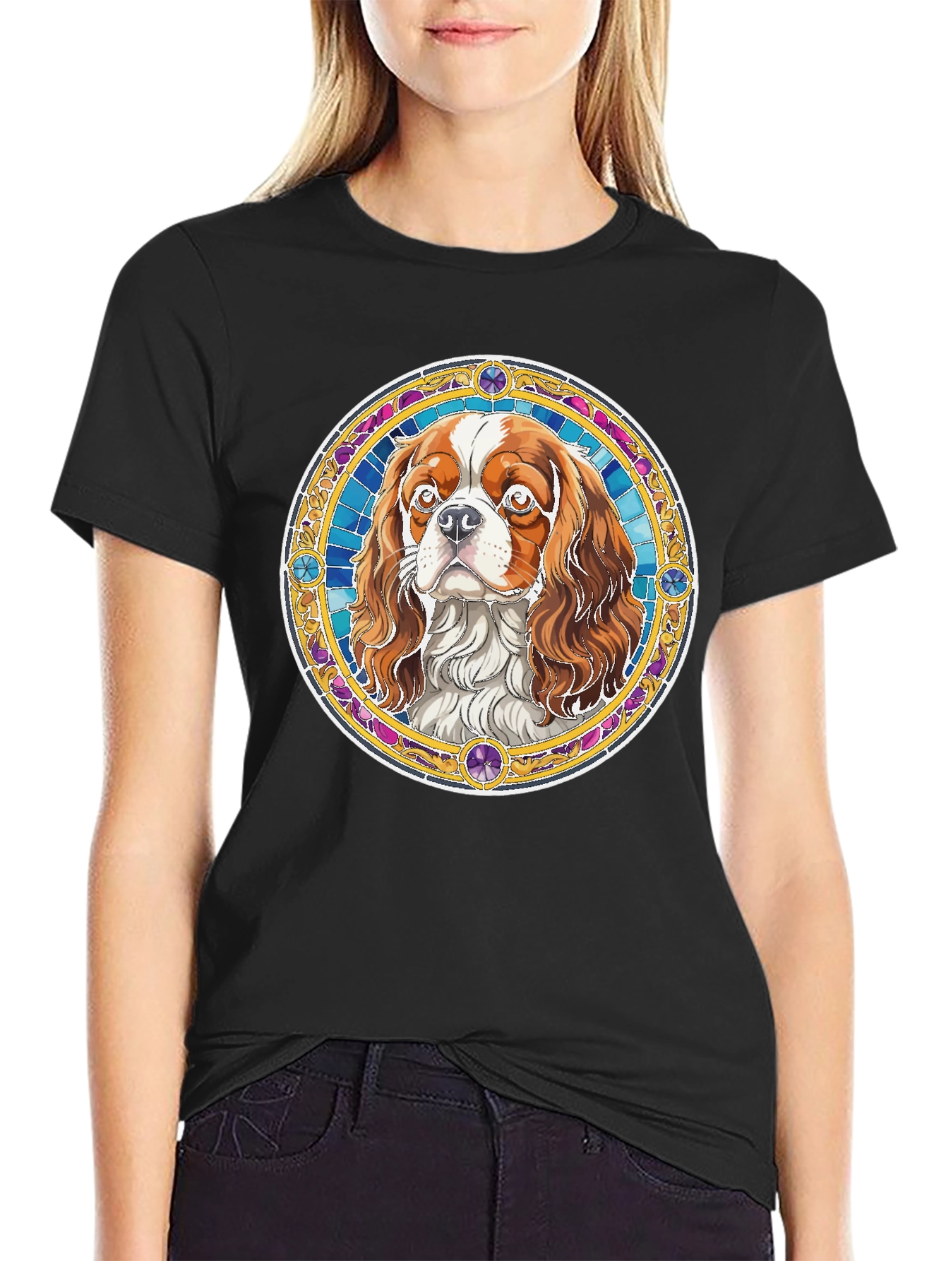 Cavalier King Charles Spaniel Stained Glass Style T-Shirt