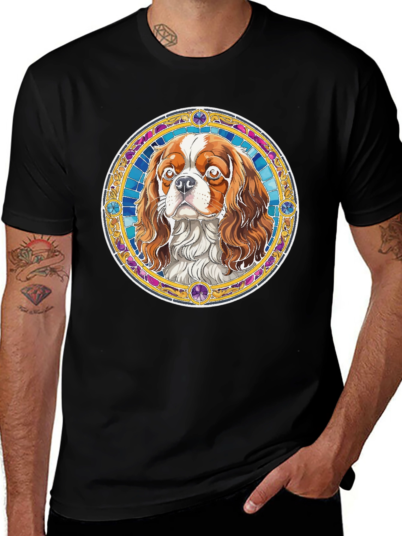 Cavalier King Charles Spaniel Stained Glass Style T-Shirt